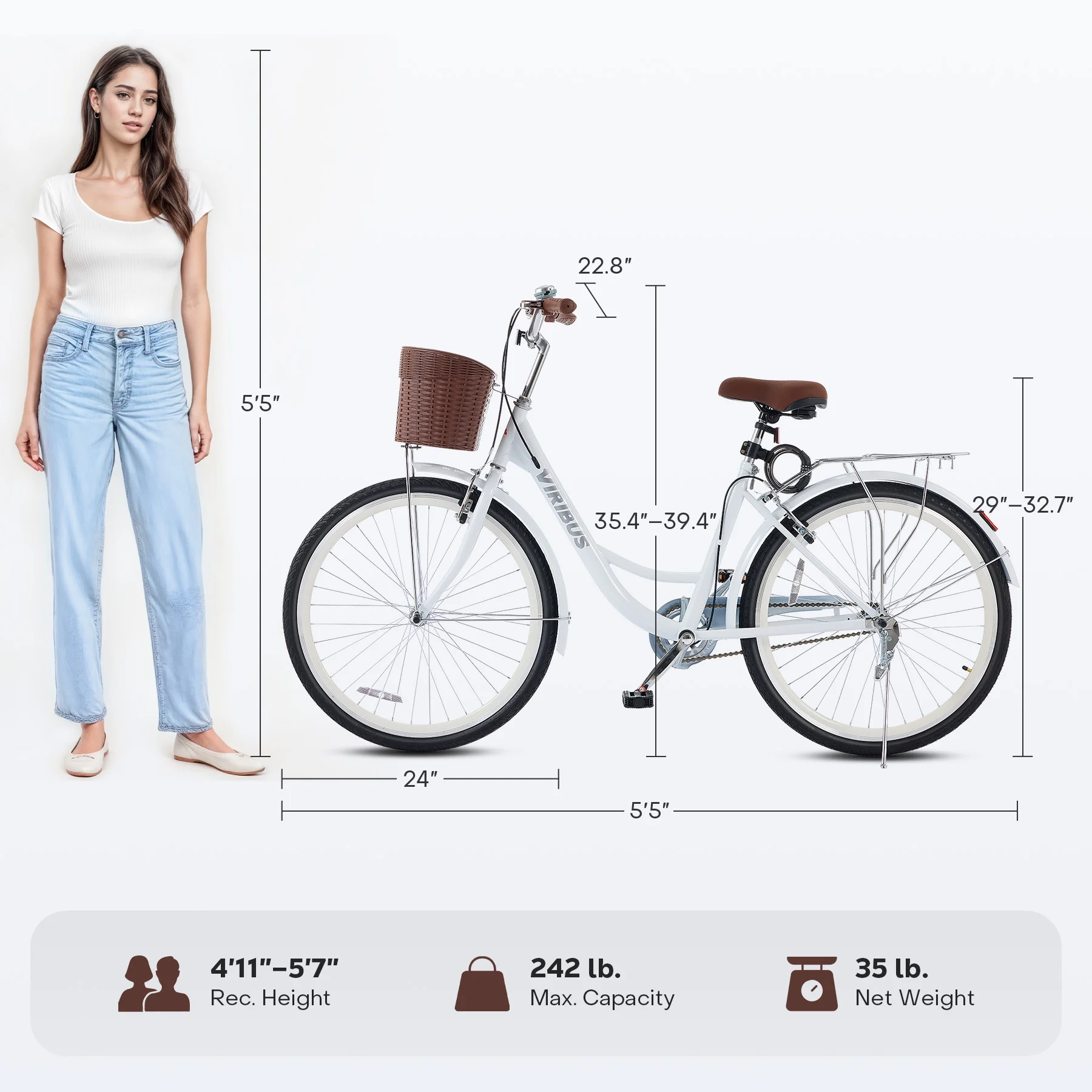 Viribus Women's Comfort Bike 24 inch Beach & City Cruiser Bicycle with Basket Rack White - Image 8