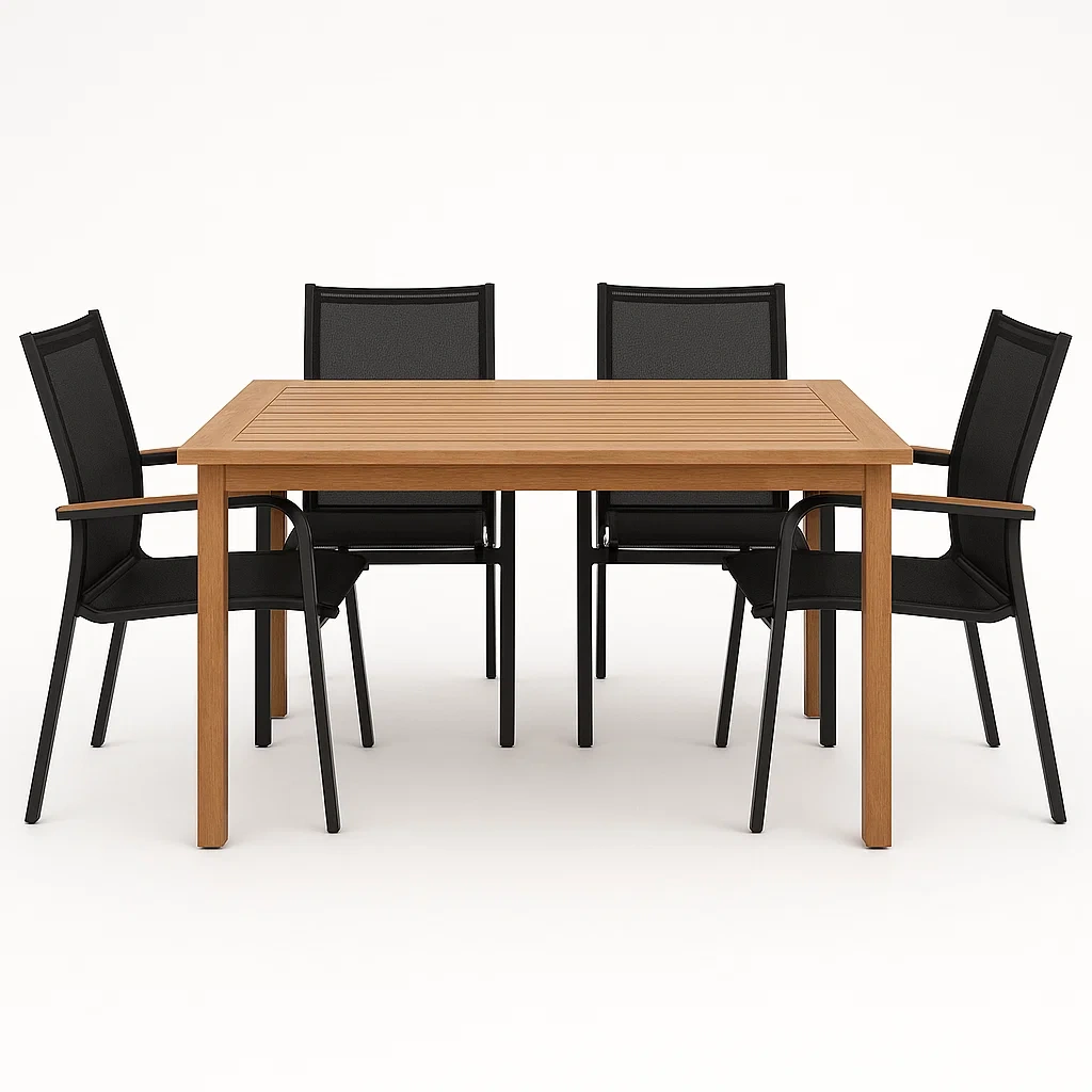 Conjunto de comedor de jardín para 4 personas, mesa de madera y 4 sillas con estructura metálica y textileno,negro y madera natural - aqmLwdU199Vp