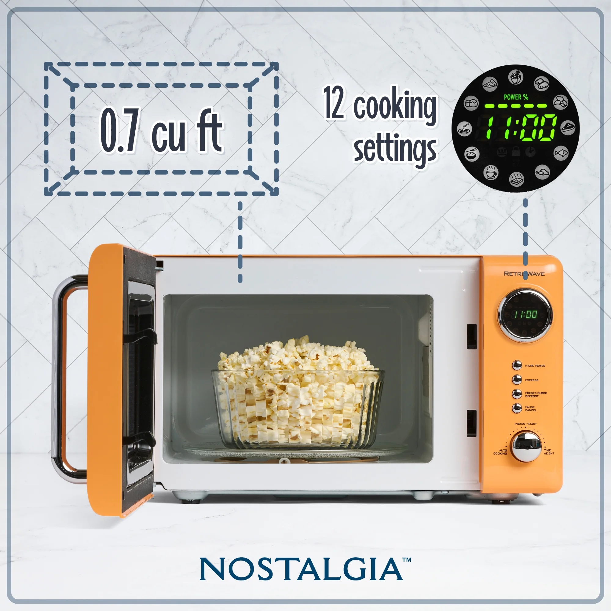Nostalgia Retro Compact Countertop Microwave Oven - 0.7 Cu. Ft. - 700-Watts with LED Digital Display - Child Lock - Easy Clean Interior - Orange - Image 2
