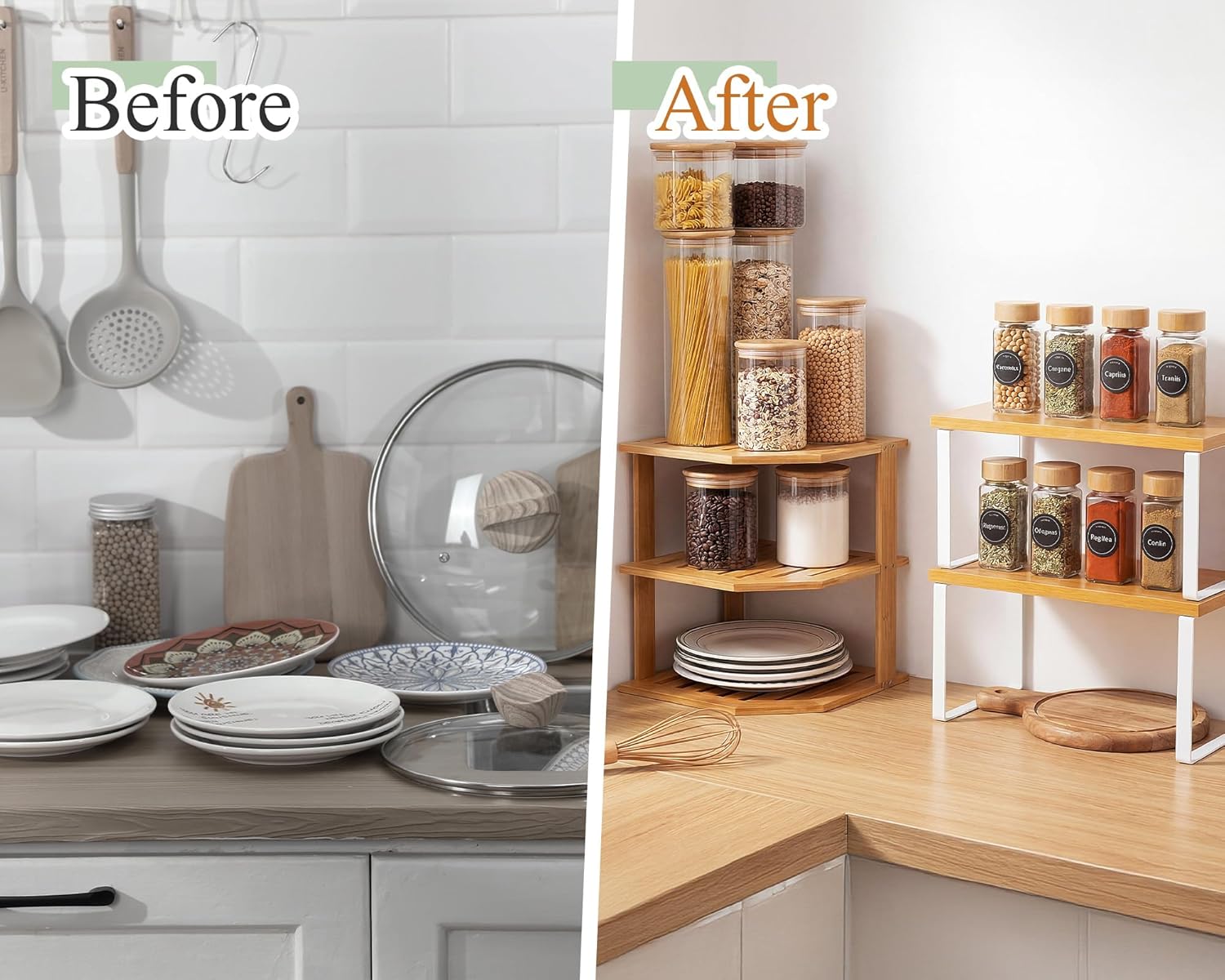 Nuanchu 3 Pcs Cabinet Organizer Shelf Bamboo Corner Rack for Kitchen Counter and Kitchen Counter Shelves for Storage Plates Dishes Bowls Bread Spice Rack Stackable Expandable