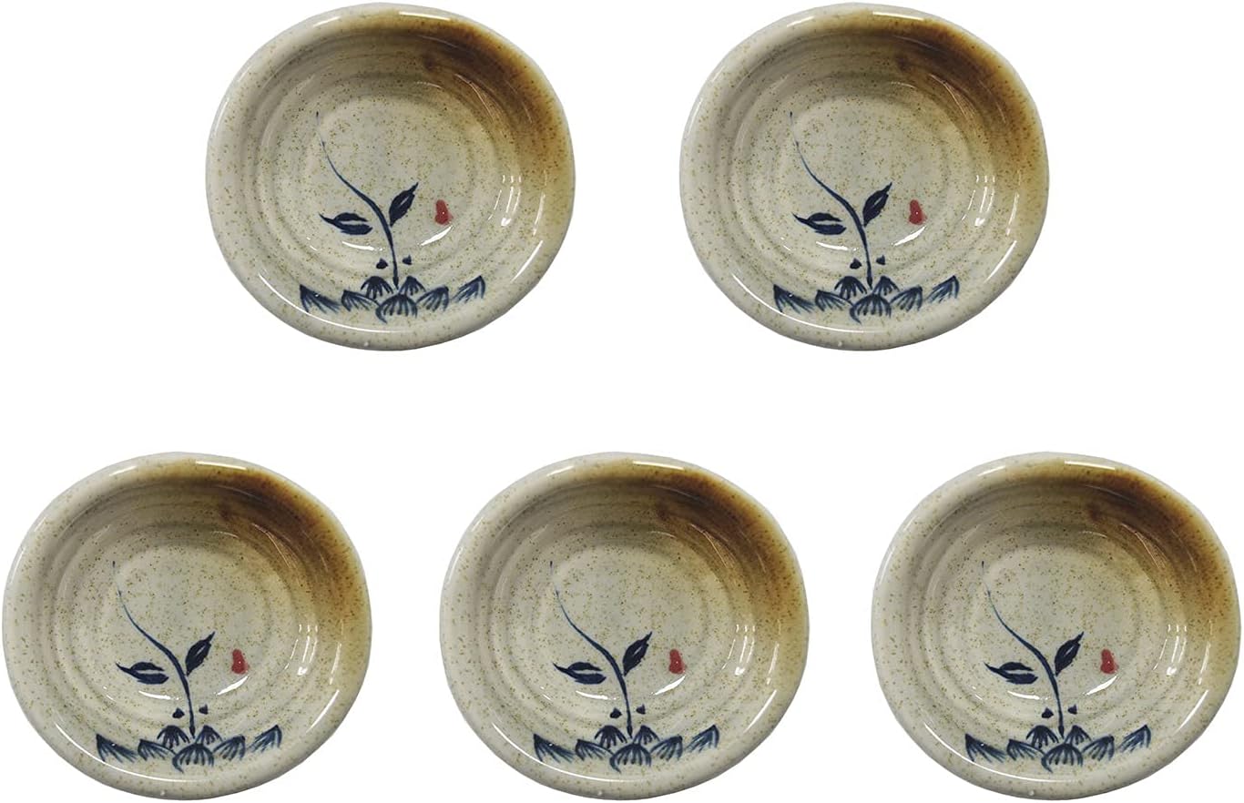 Set of 5 Japanese Vintage Style Ceramic Side Dishes - Brown and Blue Leaves Dipping Bowls - Retro Seasoning Dishes - 3.5 Inch