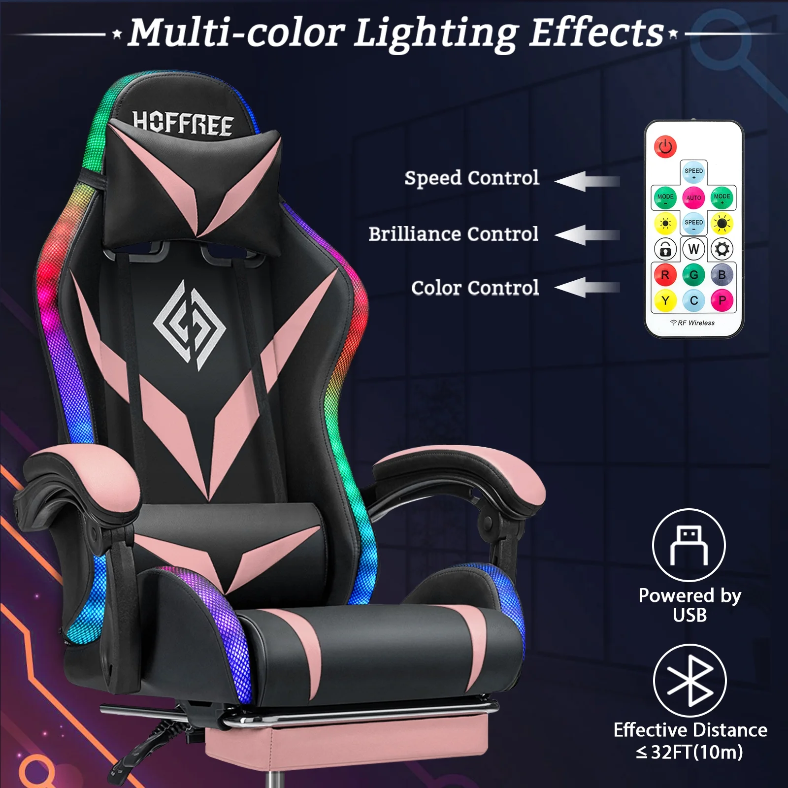 Hoffree Gaming Chair with Speakers PU Leather Office Chair with Footrest and LED Lights Ergonomic Gamer Chair with Massage Lumbar Support and Headrest Adjustable Swivel for Home Office 300lb - Image 19