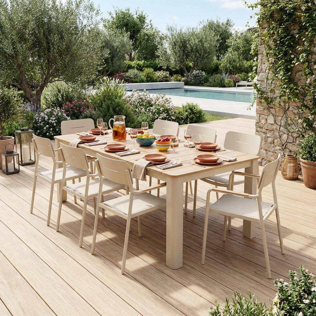 Edera + Fira - Conjunto mesa de jardín de aluminio con 8 sillas