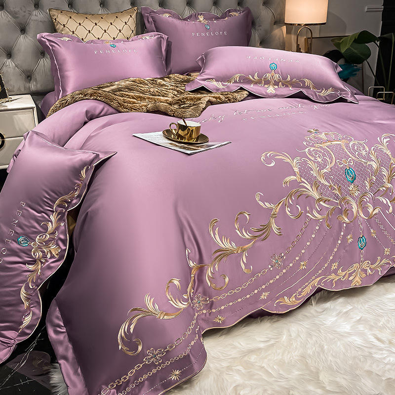 High Quality Ice Silk Cotton Bedding Set European Style Four Piece Bed Sheet Set With Embroidery