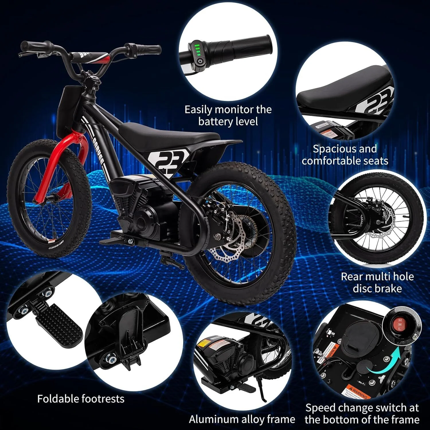 Aoile Electric Dirt Bike for Kids, 24V 5.2Ah Electric Motorcycle with 16" Tires, Electric Balance Bike w/Adjustable Speeds & Detachable Battery, Black - Image 6