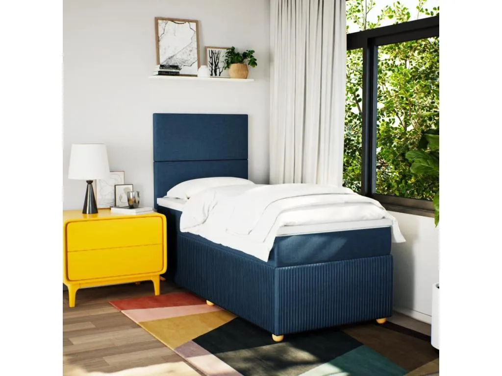 Cama box spring con colchón tela azul 100x200 cm ljs3520172