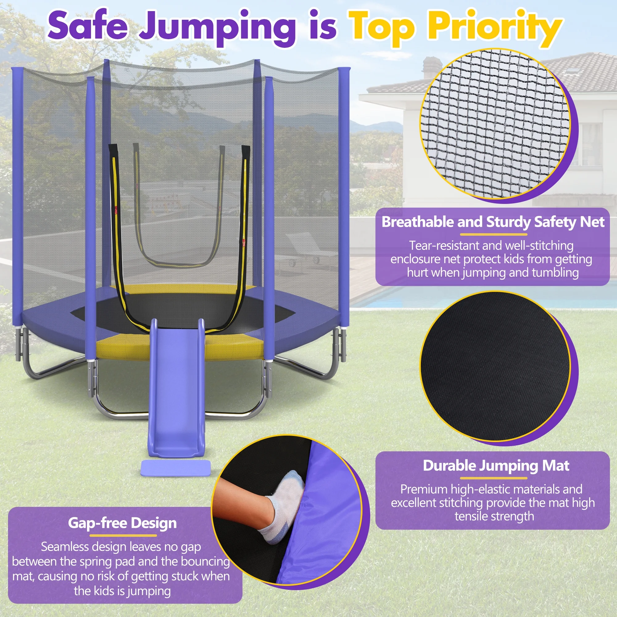 EUROCO 7FT Trampoline with Removable Slide, Kids Indoor Outdoor Trampoline with Enclosure Net and Ladder, Pink - Image 9