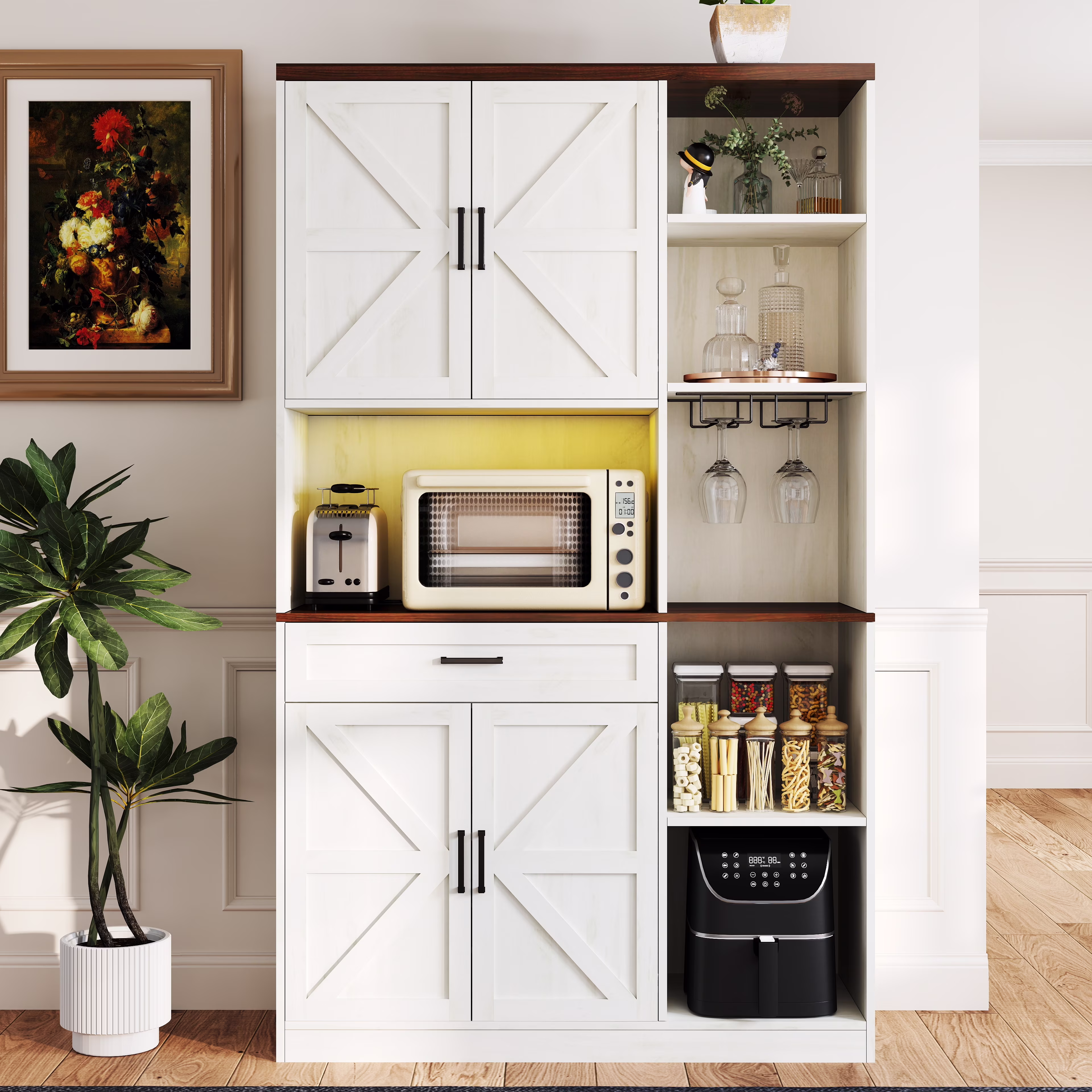 TrumanPick 61"H Large Buffet Sideboard Cabinet, TV Cabinet, Kitchen Pantry for Dining Room, Living Room, 61.3''L x 15''W x 29.8''H, White/Walnut - Image 13