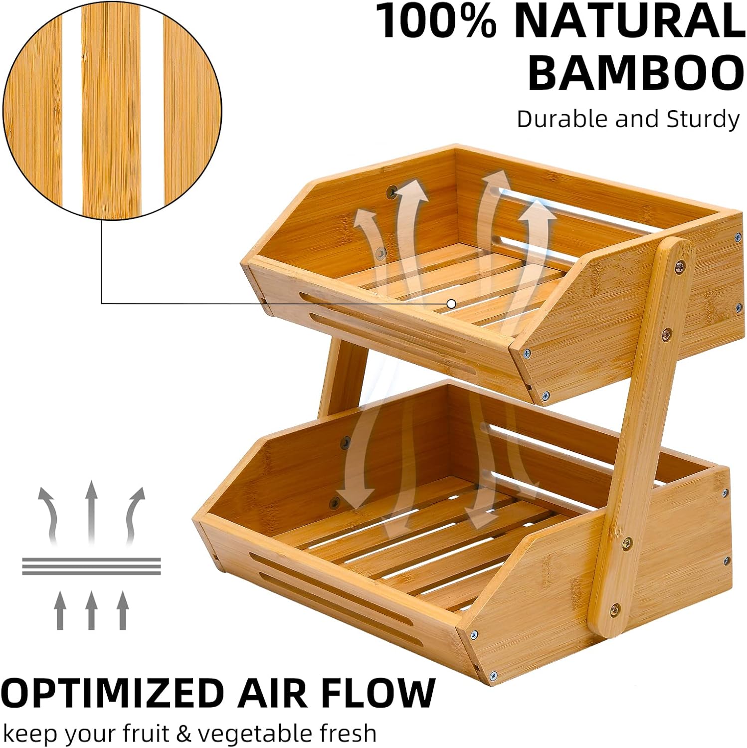 VIKEYHOME Fruit Basket, 2 Tier Bamboo Fruit Basket for Kitchen, 11