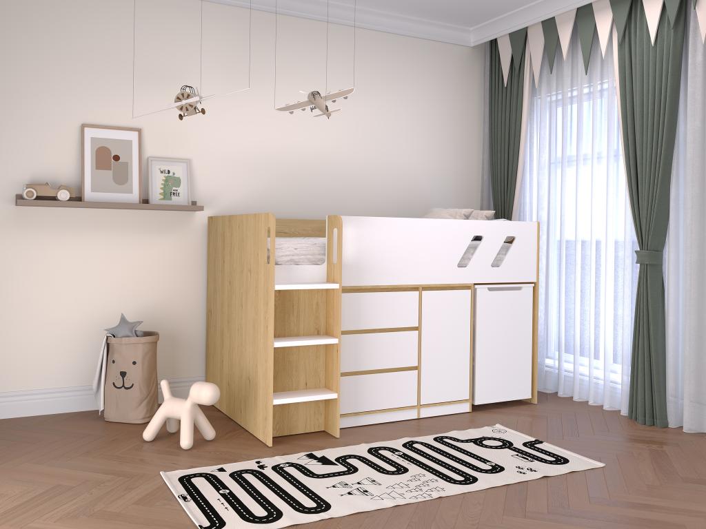 Cama 90 x 190 cm con escritorio y almacenamiento - Color: natural y blanco + Colchón - SAGITI