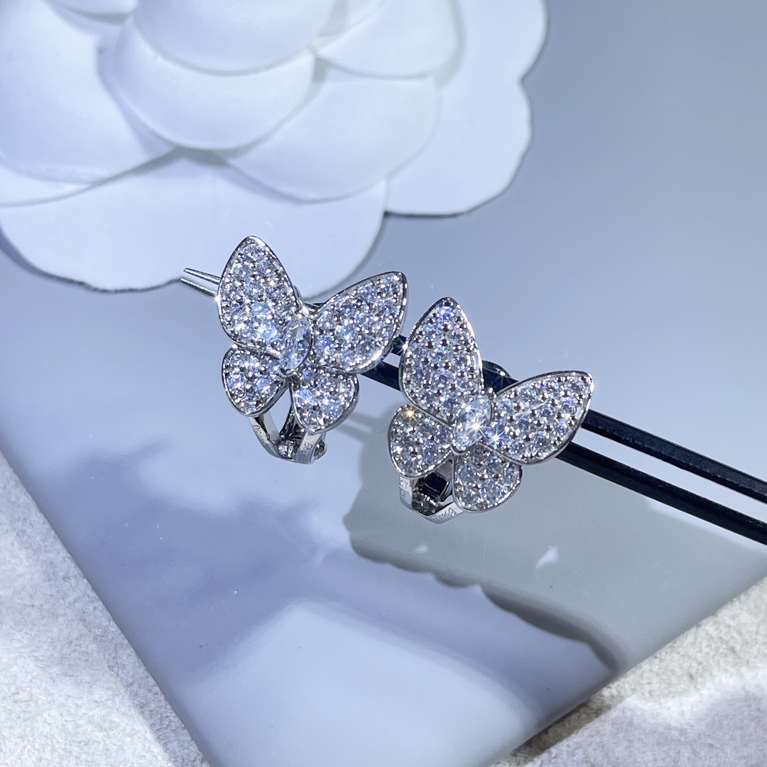 VCA Paved Diamond Silver Butterfly Earrings - Original Replica Club