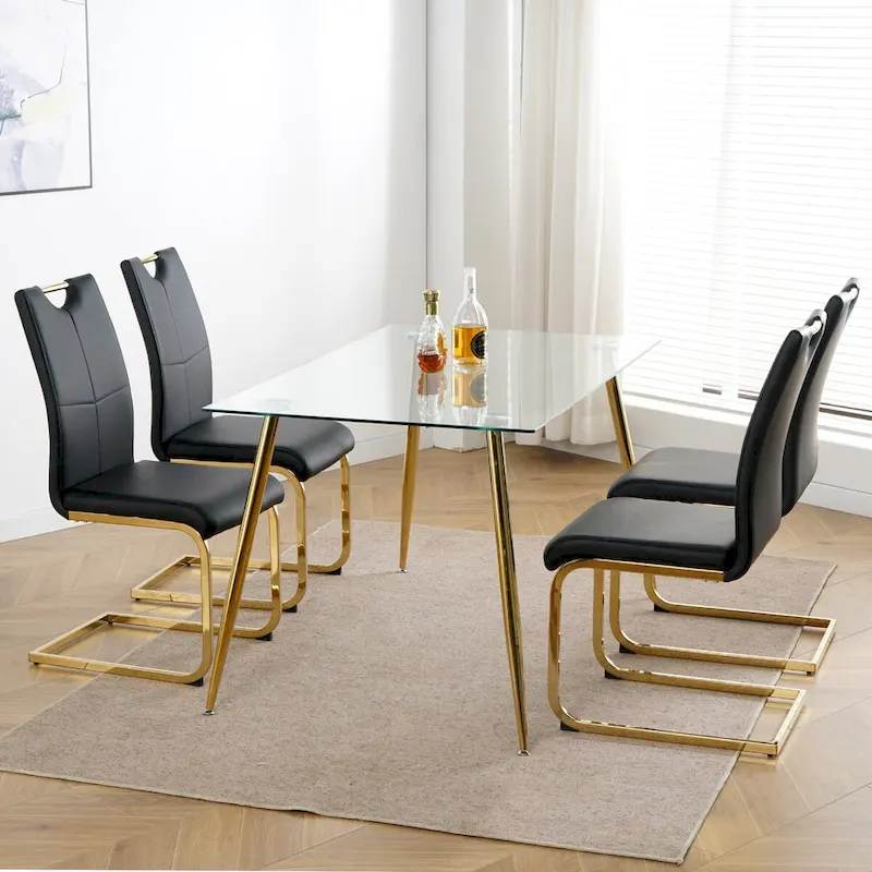 4-Piece Modern Faux Leather Dining Chair Set with Gold Metal Legs and Padded Seats