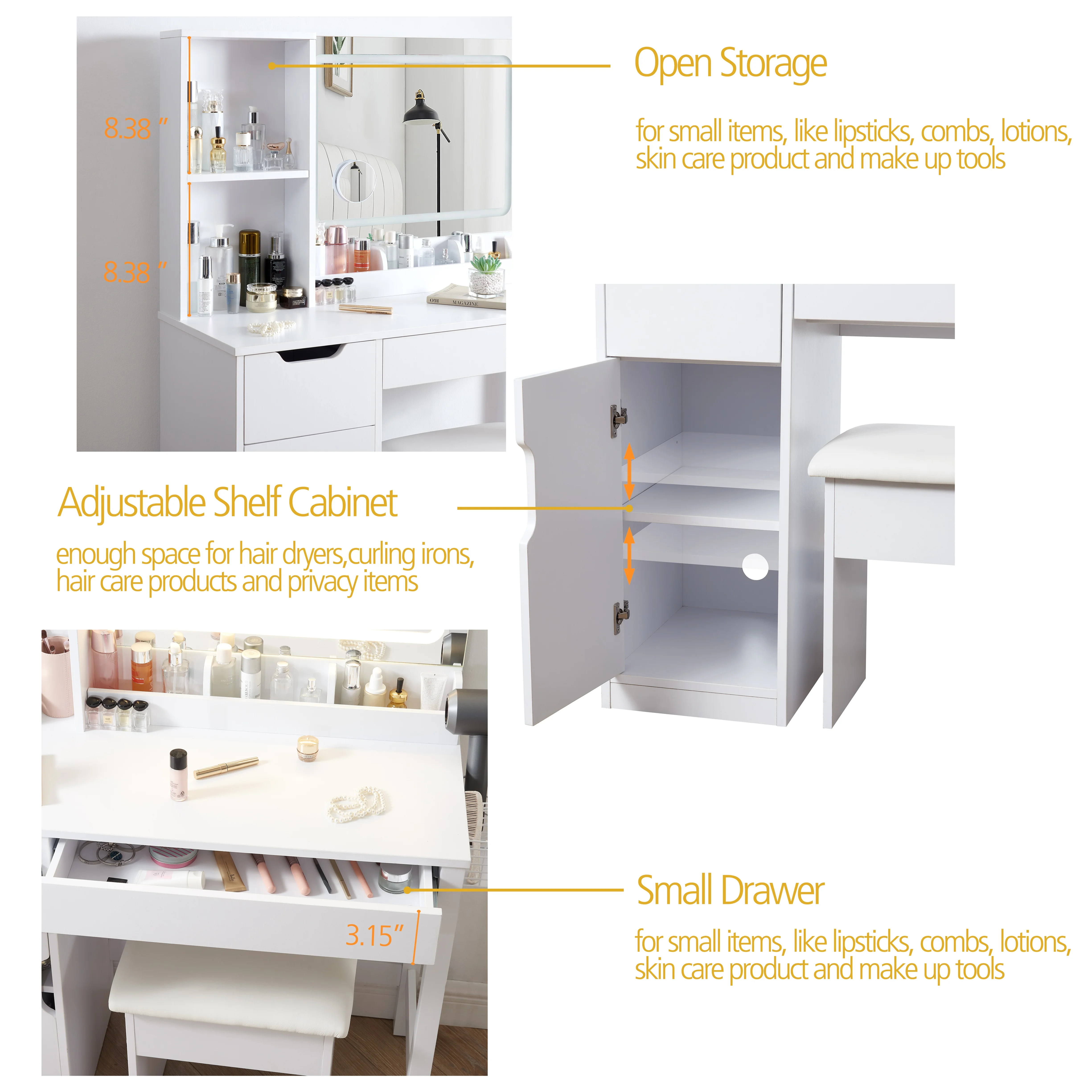 Mainstays Get Ready with Me GRWM Deluxe 2-Piece Vanity and Stool with Lighted Mirror and USB Power, White Finish - Image 17