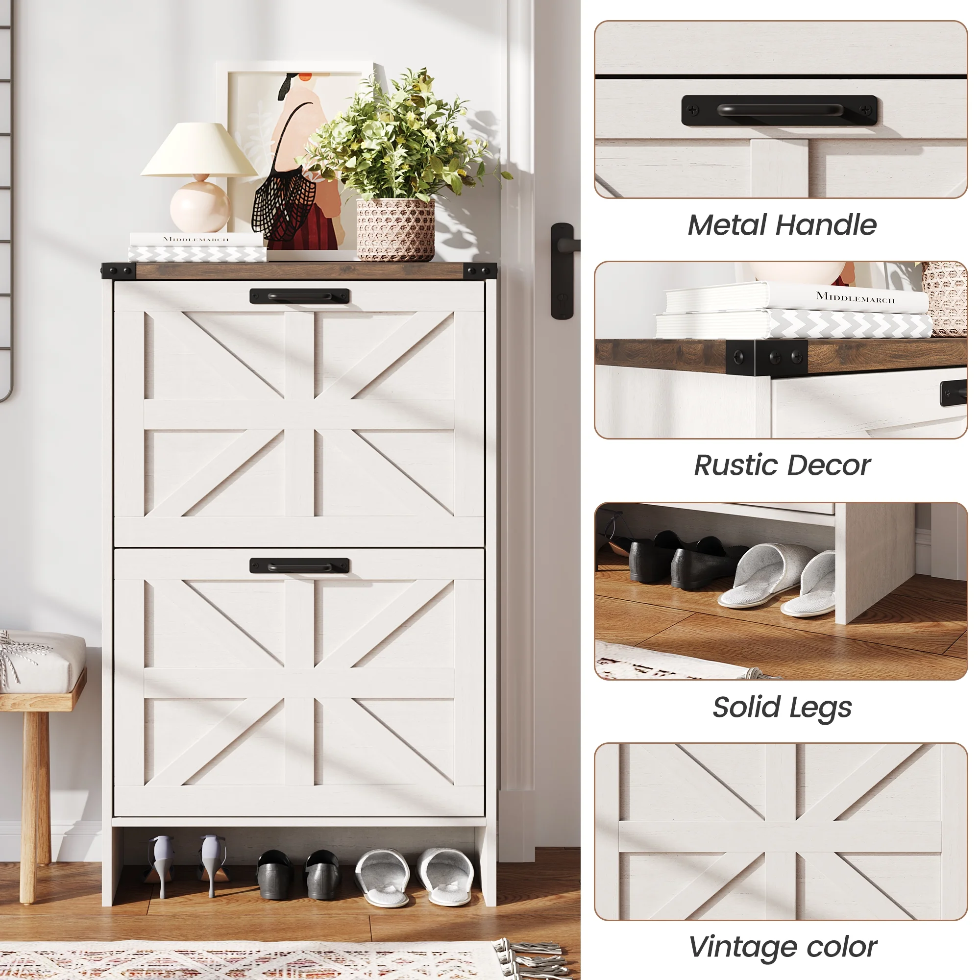 VEANERWOOD Shoes Storage Cabinet With Doors, Farmhouse Shoe Cabinet With 2 Flip Drawers For Entryway,Gray - Image 10