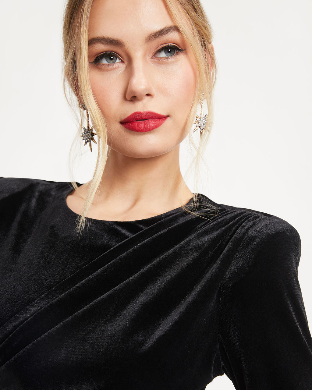 Estella Velvet Padded Shoulder Drape Crop Top - Black - Se7enfashion