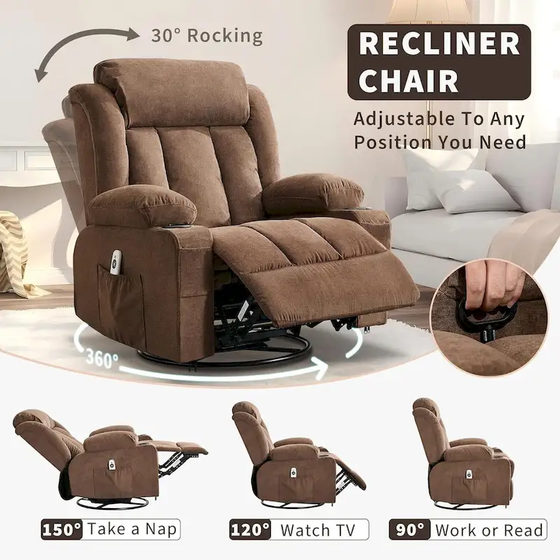 Recliner Chair, Rocking Chairs with Massage and Heat, Side Pockets and Cup Holder