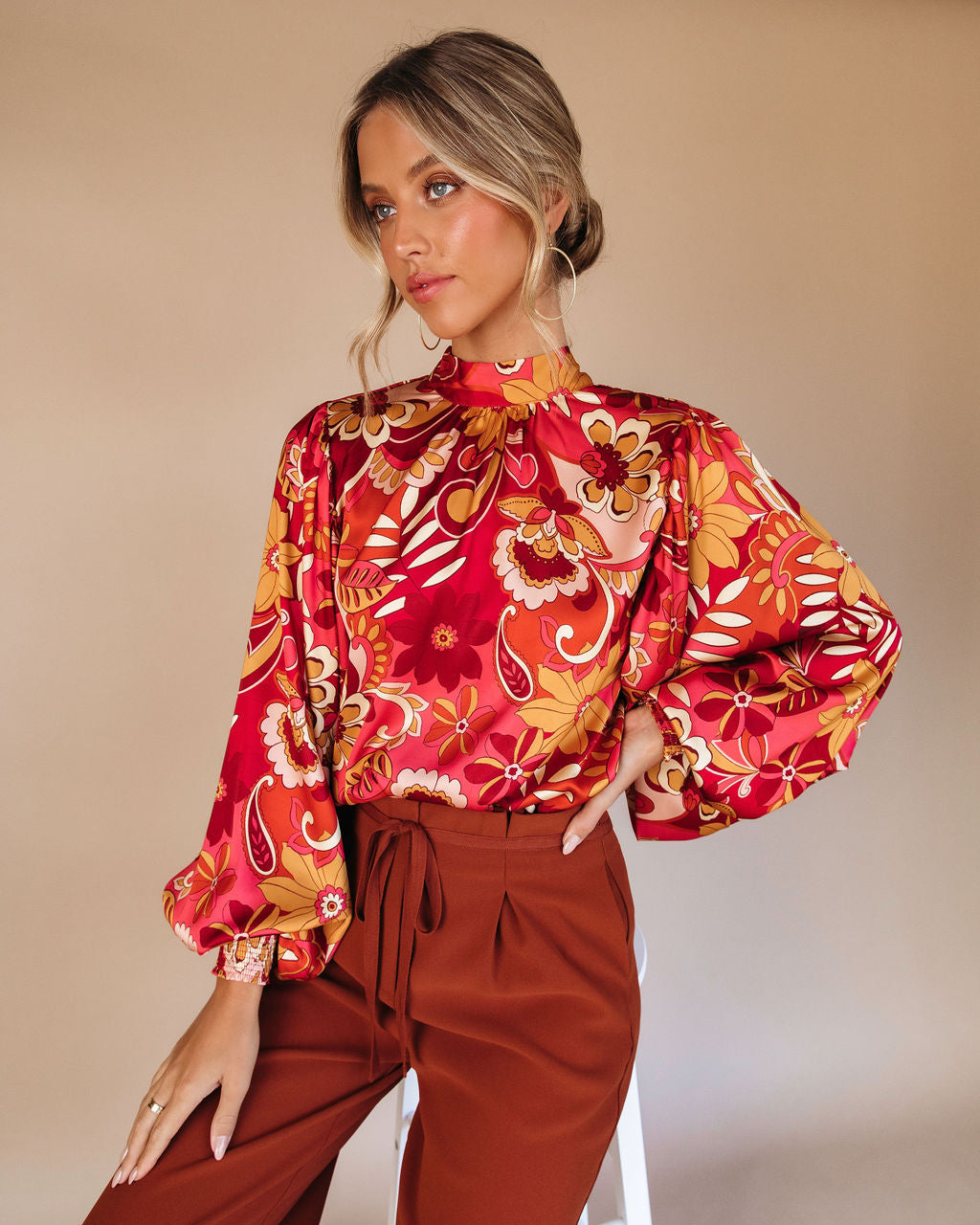 Dylann Satin Floral Balloon Sleeve Top - Se7enfashion