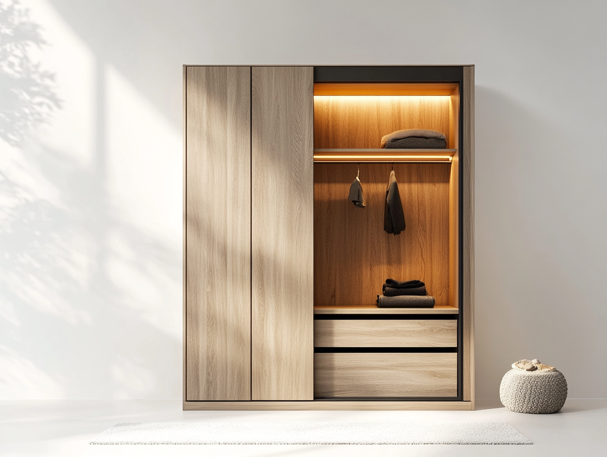 Armario de madera moderna para ropa con iluminación interior en - claro