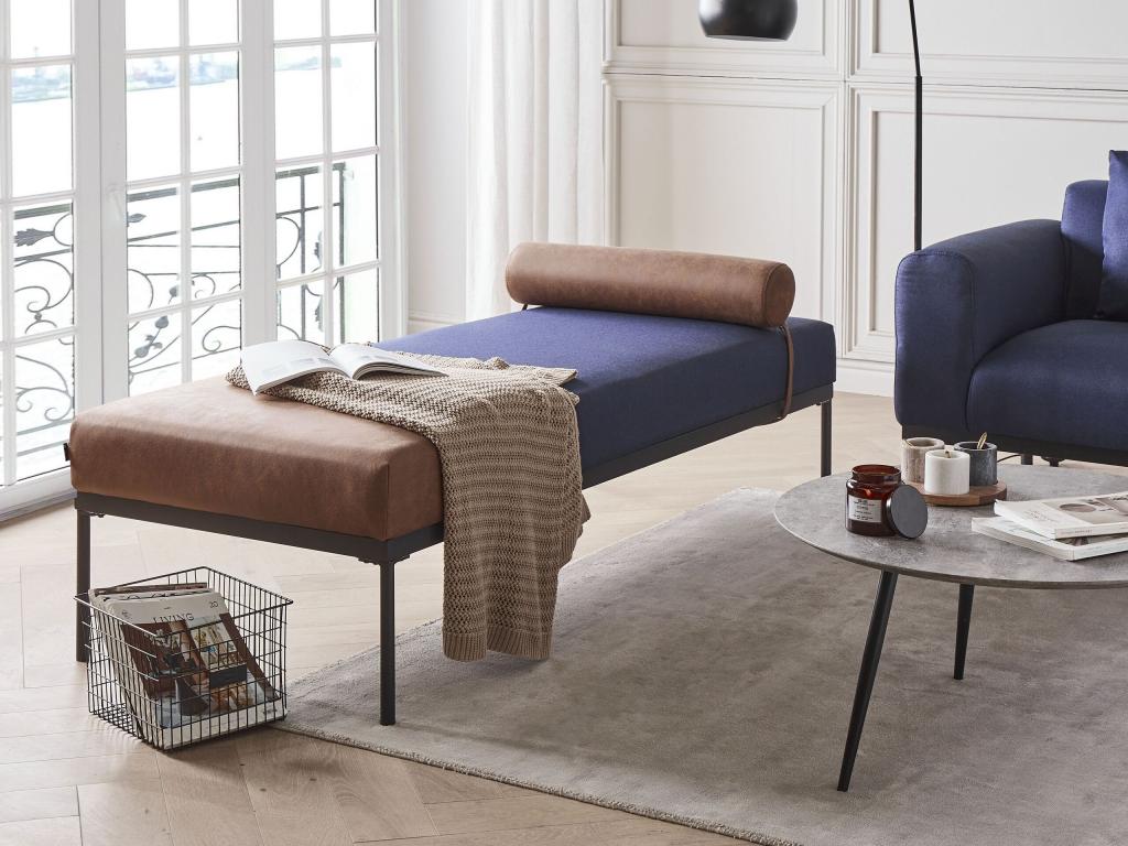 Chaise longue de lino sintético y piel sintética azul oscuro y marrón MALMOS