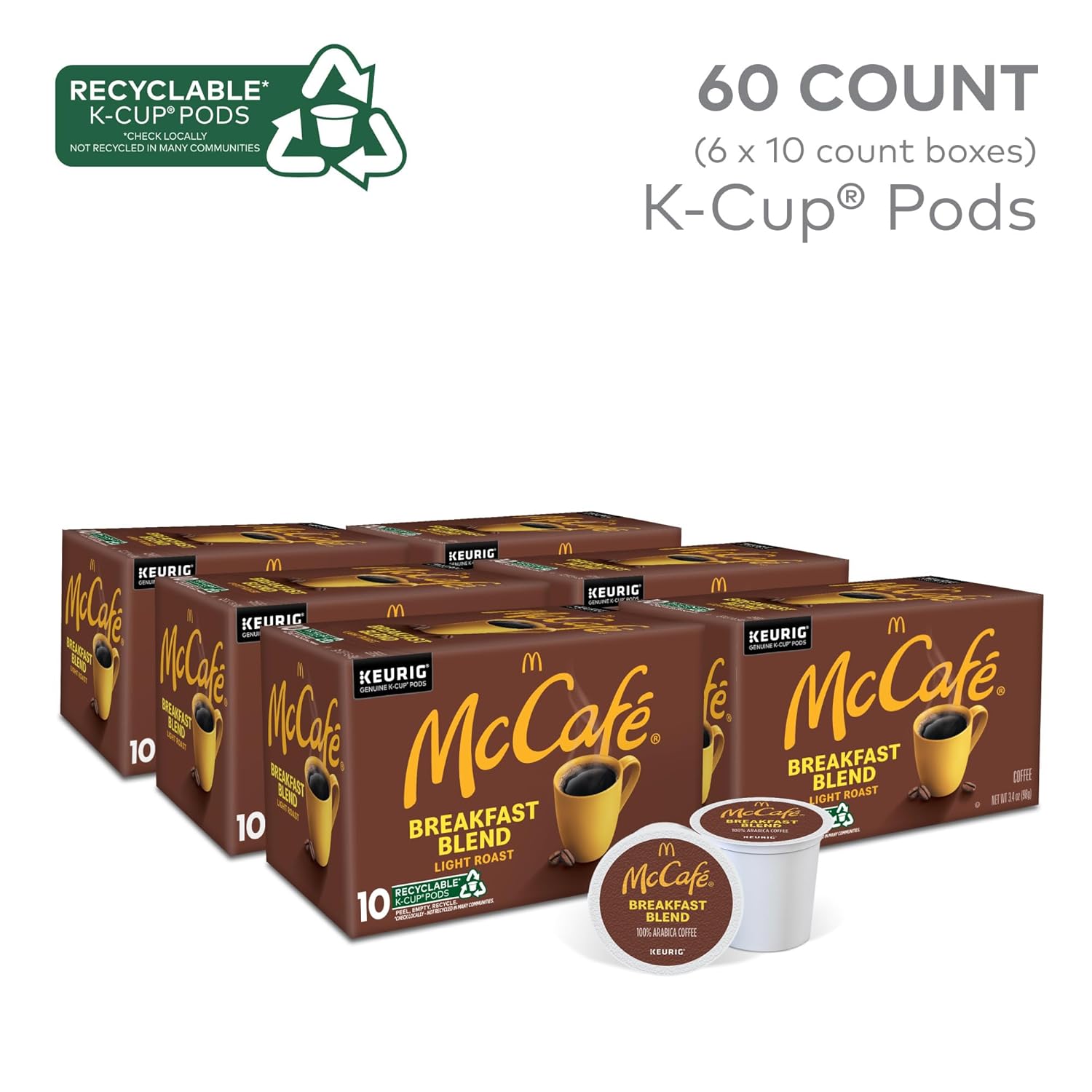 McCafe Breakfast Blend. Single Serve Coffee Keurig K-Cup Pods. Light Roast. 60 Count (6 Packs of 10)