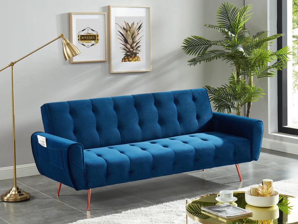 Sofá cama de 3 plazas de terciopelo azul - AHUltAl859AY
