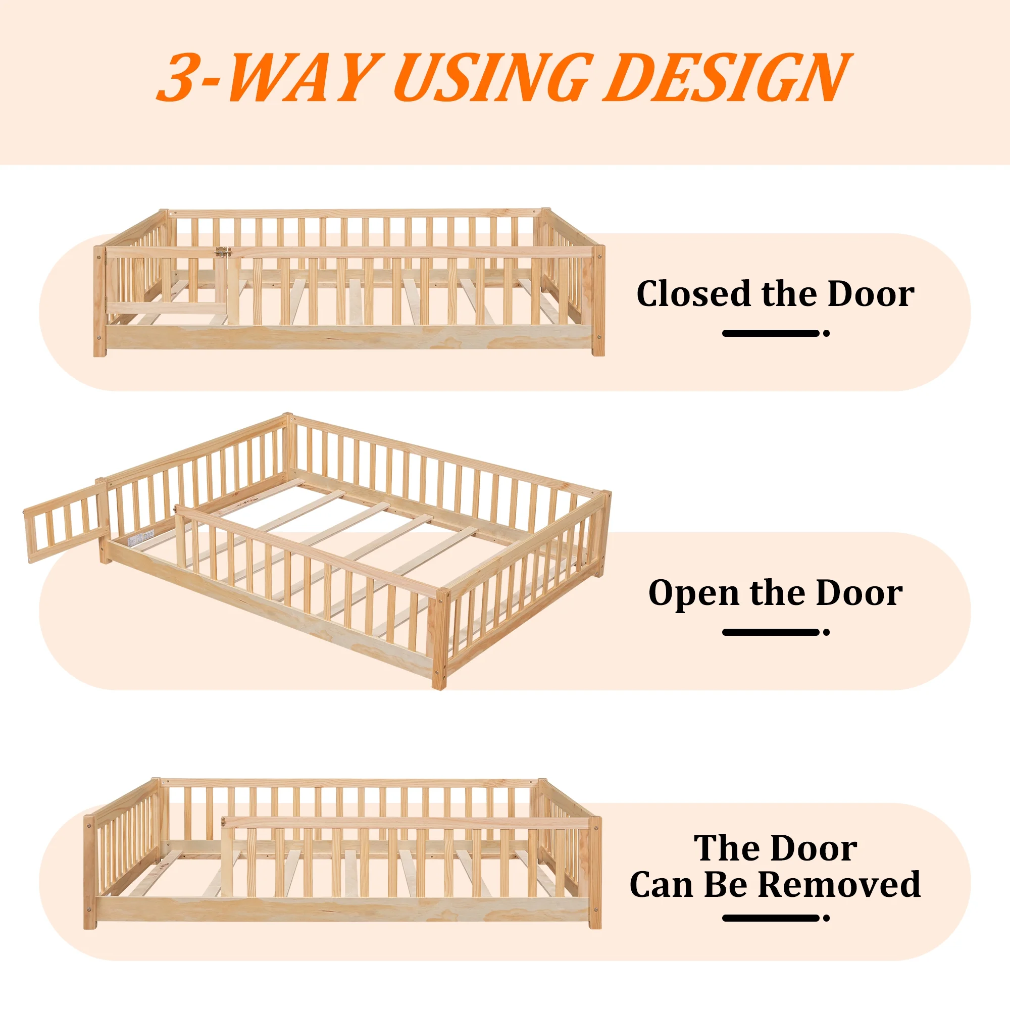 UHOMEPRO Twin Size Floor Bed with Door and Fence, Montessori Floor Bed with Slats and Safety Guardrails, Solid Wood Twin Bed Frame for Bedroom, White - Image 21