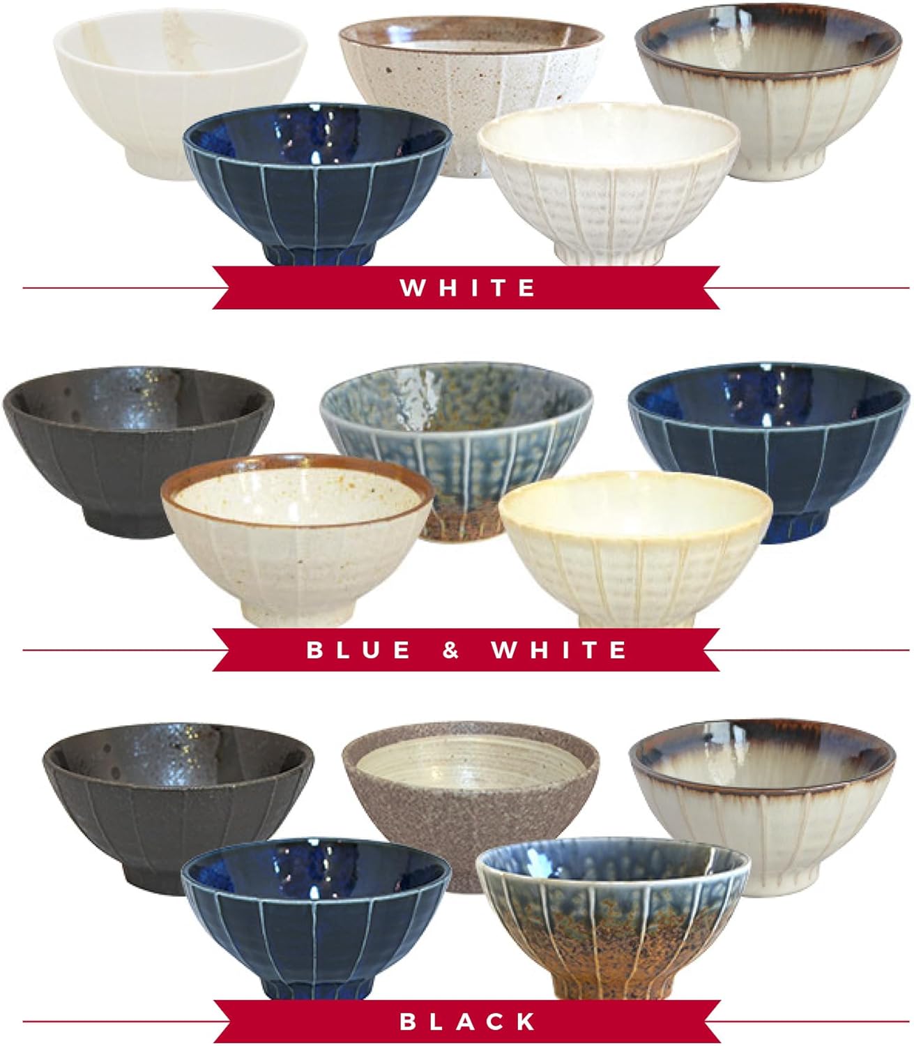 Set of 5 Japanese Ceramic Striped Ichichin Rice Bowls, Deep Soup & Eating Bowls with Distinctive Three-Dimensional Lines,Convenient, Stackable, for Cooking Prep & Serving (Black)