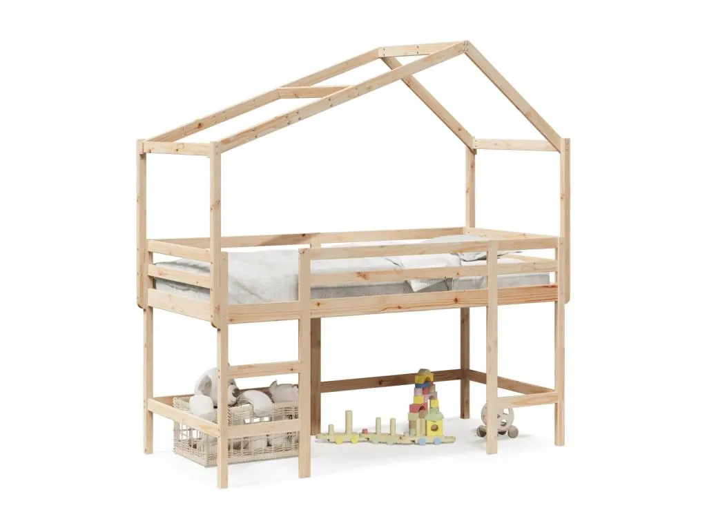 Cama alta con escalera y techo madera maciza de pino 90x200 cm lbf3541133