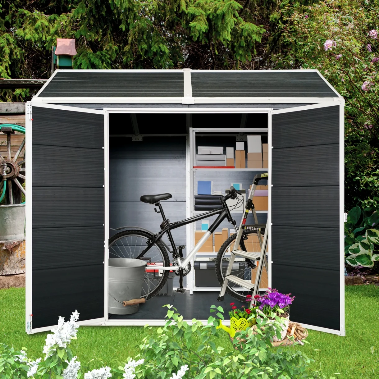 8x4 FT Outdoor Storage Shed with Floor, Resin Garden Sheds with Lockable Door, Vents & Windows, Weather Resistant Tool Shed with Sloped Roof for Backyard Patio, Grey - Image 9