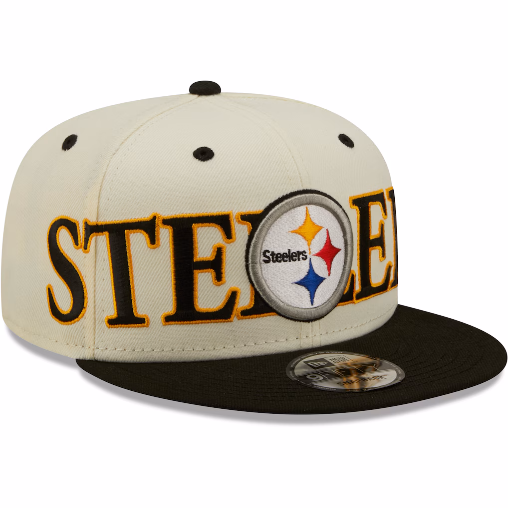 Right angle view of Pittsburgh Steelers New Era Snapback Hat highlighting the chrome white crown and black flat bill