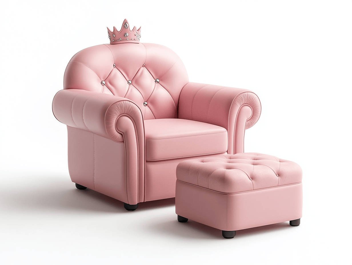 Sillón infantil con reposapiés tapizado con función de montaje manual en cuero sintético rosa con botones decorativos, 65x50x70cm