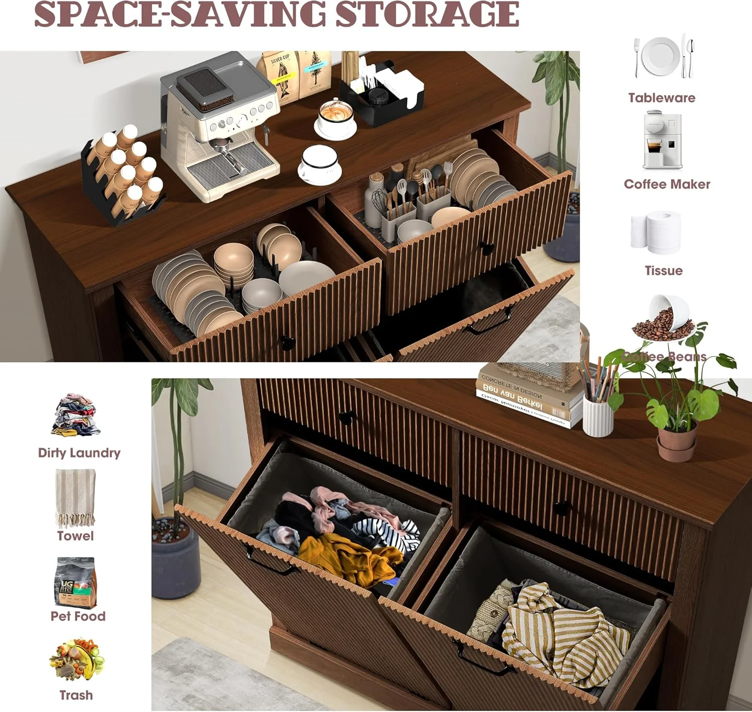 Haverchair Double Tilt Out Laundry Hamper Cabinet, Modern Fluted Trash Can Cabinets with Drawer, Wooden Hidden Garbage Cabinet for Kitchen and Bathroom - Image 14