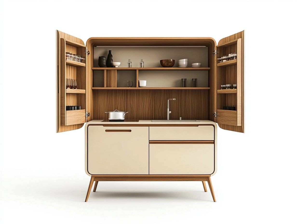 Armario de cocina compacto de madera natural y beige con fregadero y almacenamiento 130x50x180cm para cocina moderna y funcional ut9390483