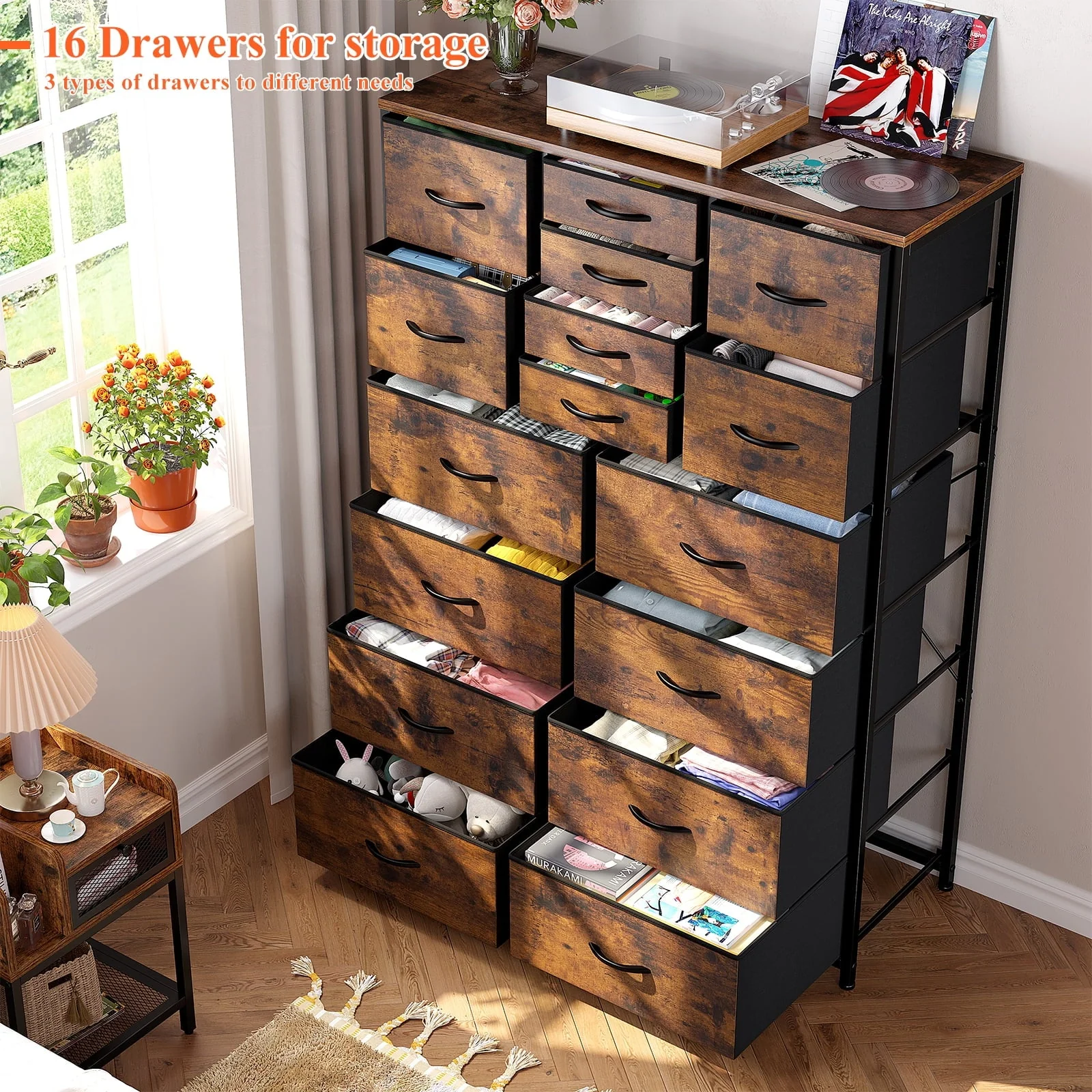 EnHomee Large Dresser for Bedroom Furniture Dresser with 16 Drawers Fabric Tall Dresser Closet Dresser Chest of Drawers Clothes Storage Slim for Living Room Office, Rustic Brown Wood Grain Print - Image 12
