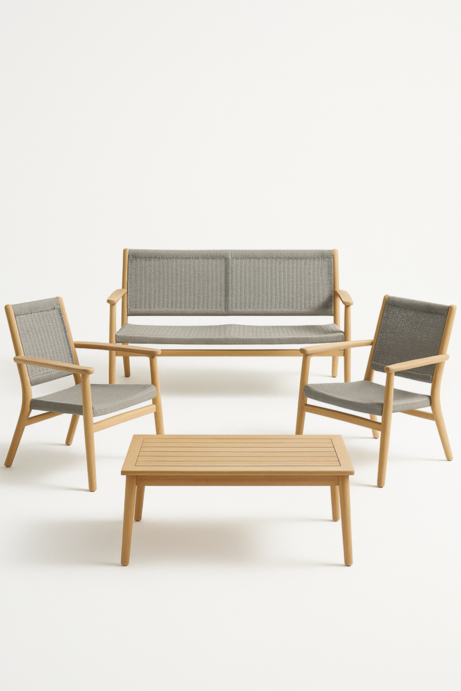 Conjunto de salón 4 piezas: sofá 2 plazas, 2 sillas y mesa de centro en madera maciza con tapizado gris