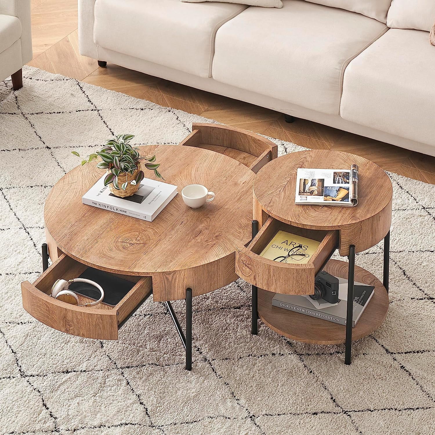 Round Coffee Table with Drawers Circle Living Room Table Wood Accent Coffee Table with Storage White Center Table (Natural) - Image 11