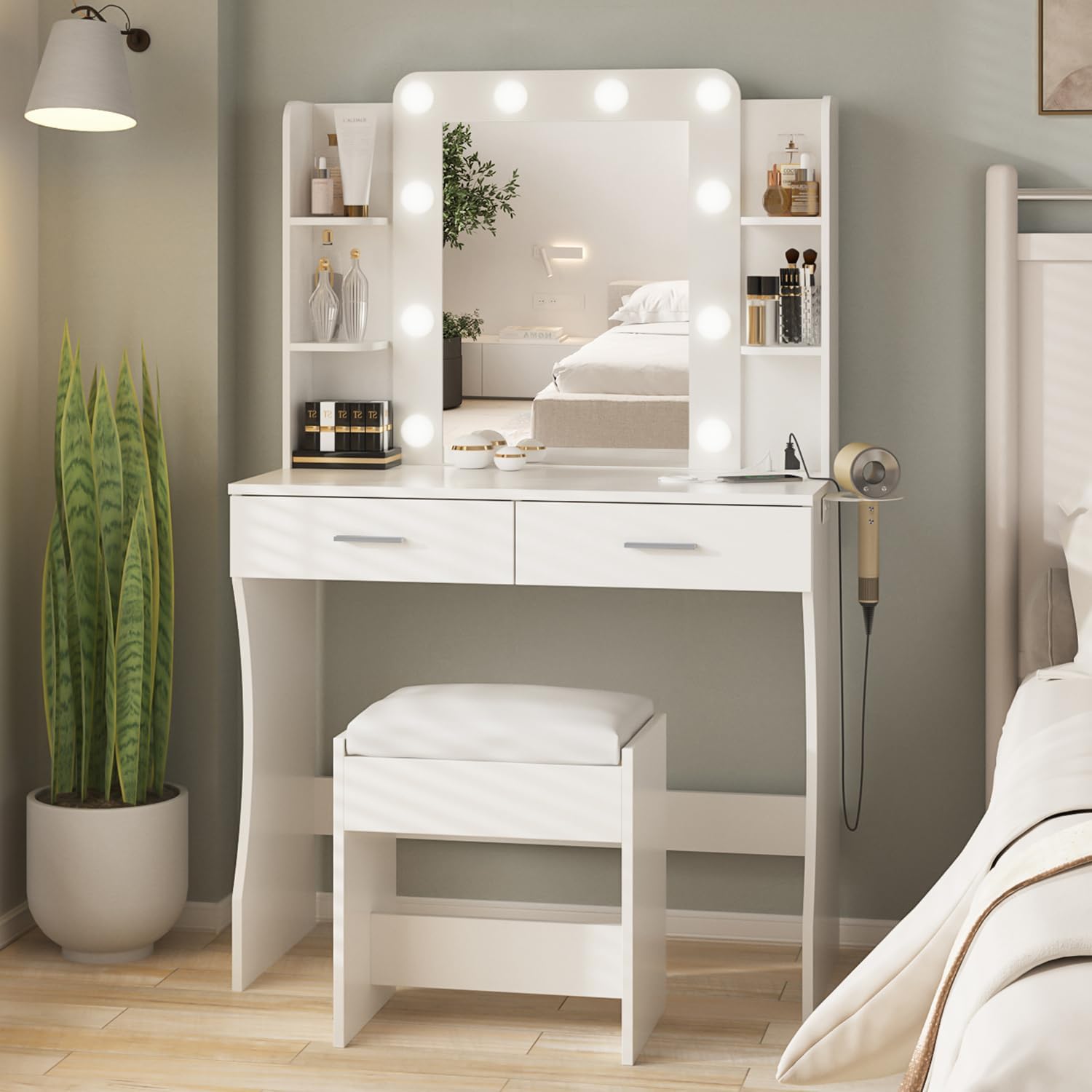 WAYFAIR Vanity Desk With Lights,Makeup Vanity With Power Strip,Dressing Table Set With 2 Large Drawers,Vanity Mirror 3 Lighting Color Adjustable,White