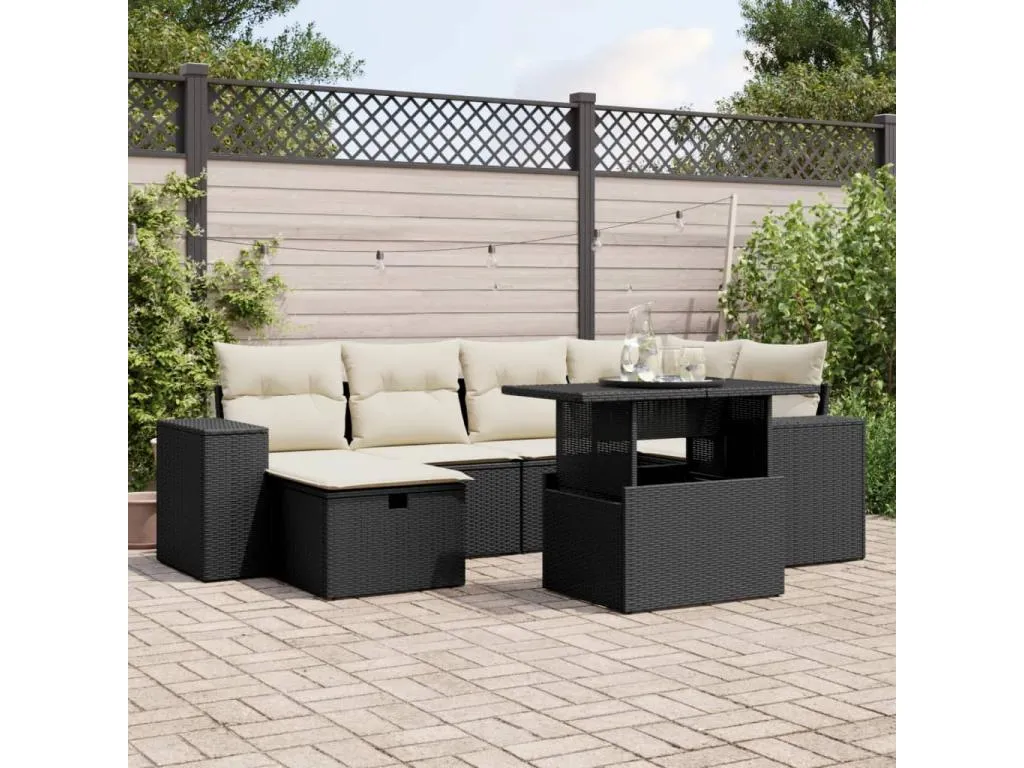 Set de sofás de jardín 7 pzas con cojines ratán sintético negro