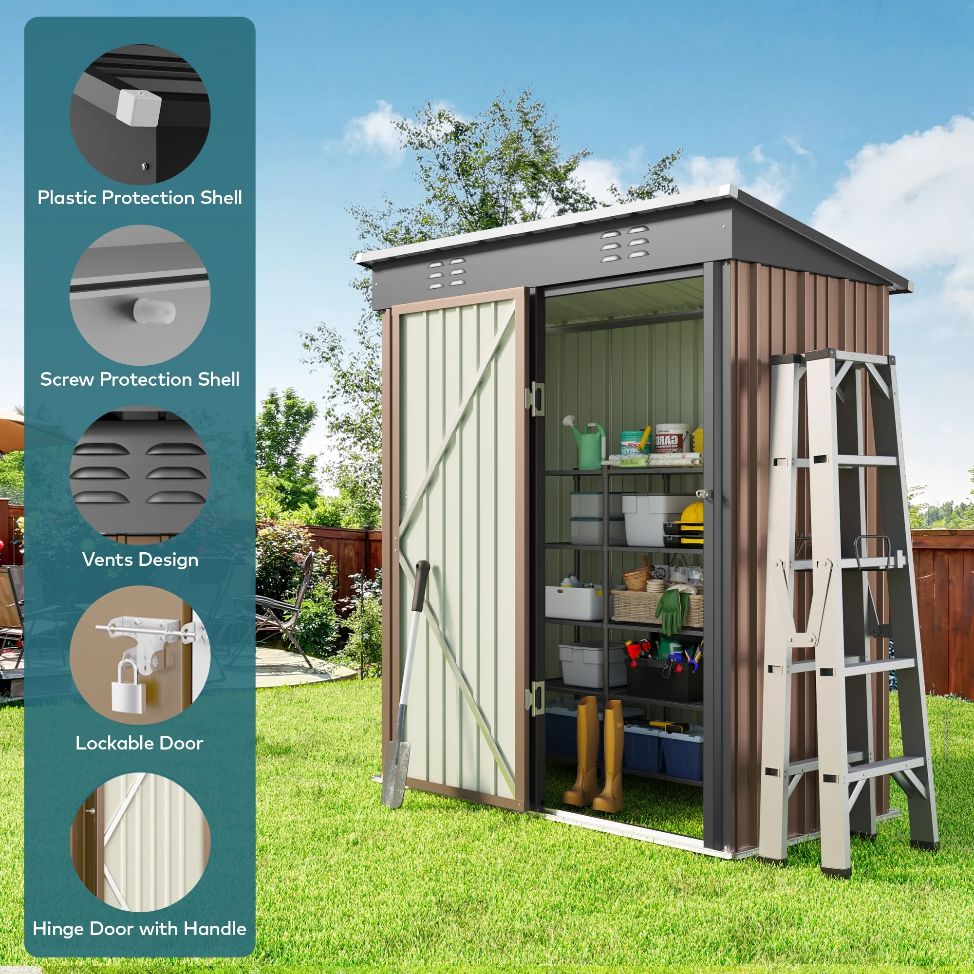 5' x 3' Outdoor Storage Shed, Metal Outdoor Storage Cabinet with Single Lockable Door, Waterproof Tool Shed,Gray - Image 12