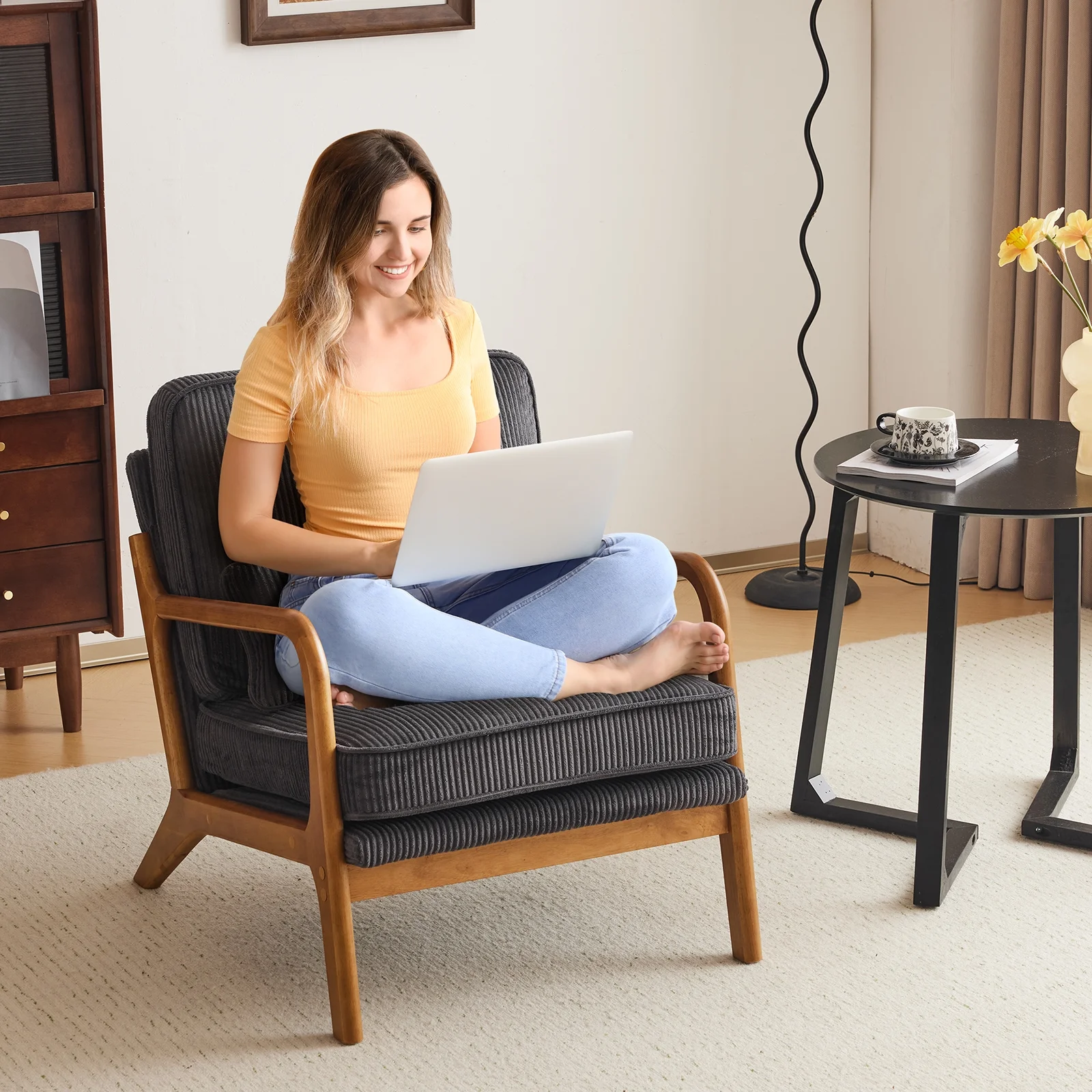Ktaxon Accent Chair Corduroy Upholstered Armchair, Reading Club Chair with Pillow and Solid Wood Frame for Living Room Bedroom Furniture Off White - Image 110