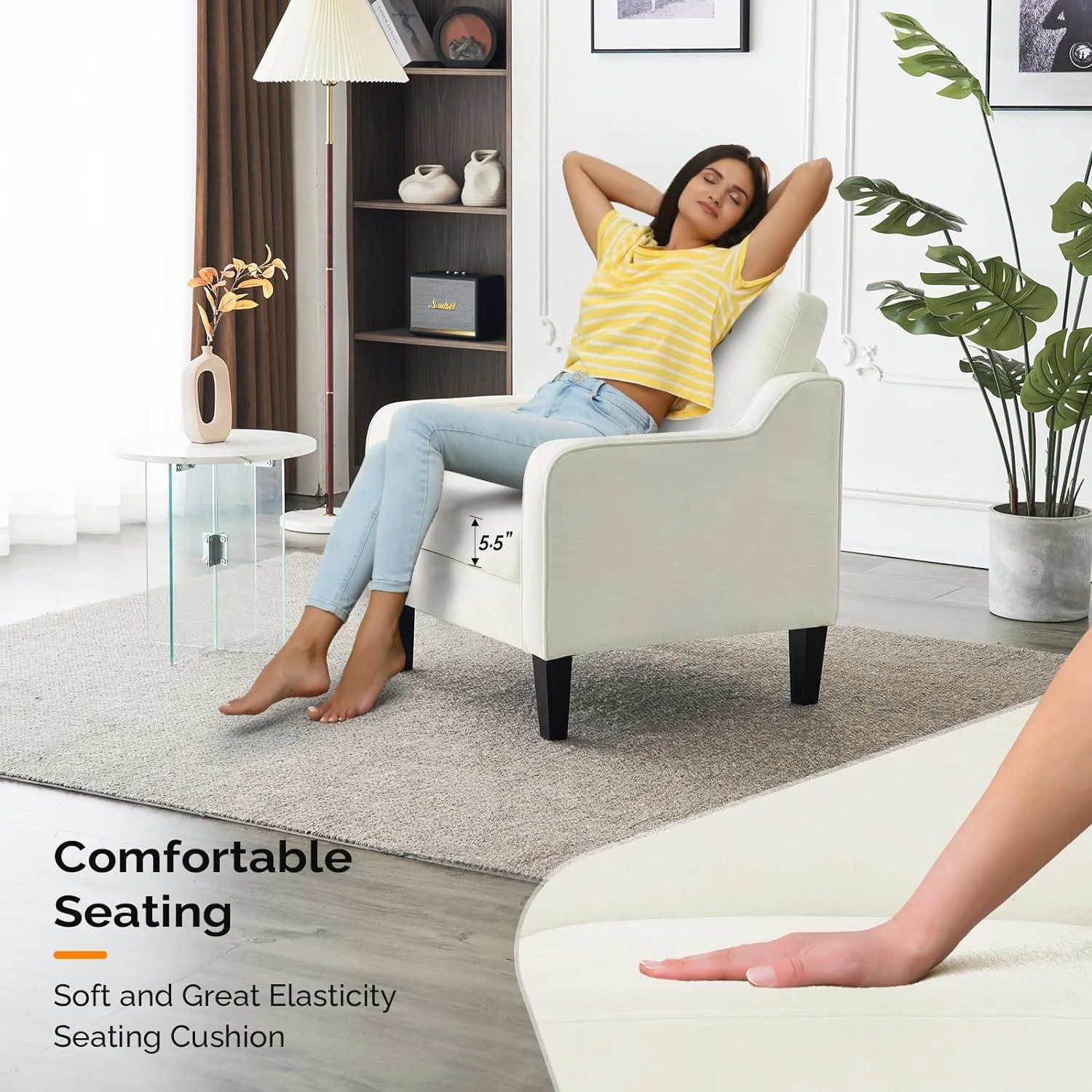 VINGLI Mid Century Modern Chenille Comfy Armchair, Creamy White - Image 9