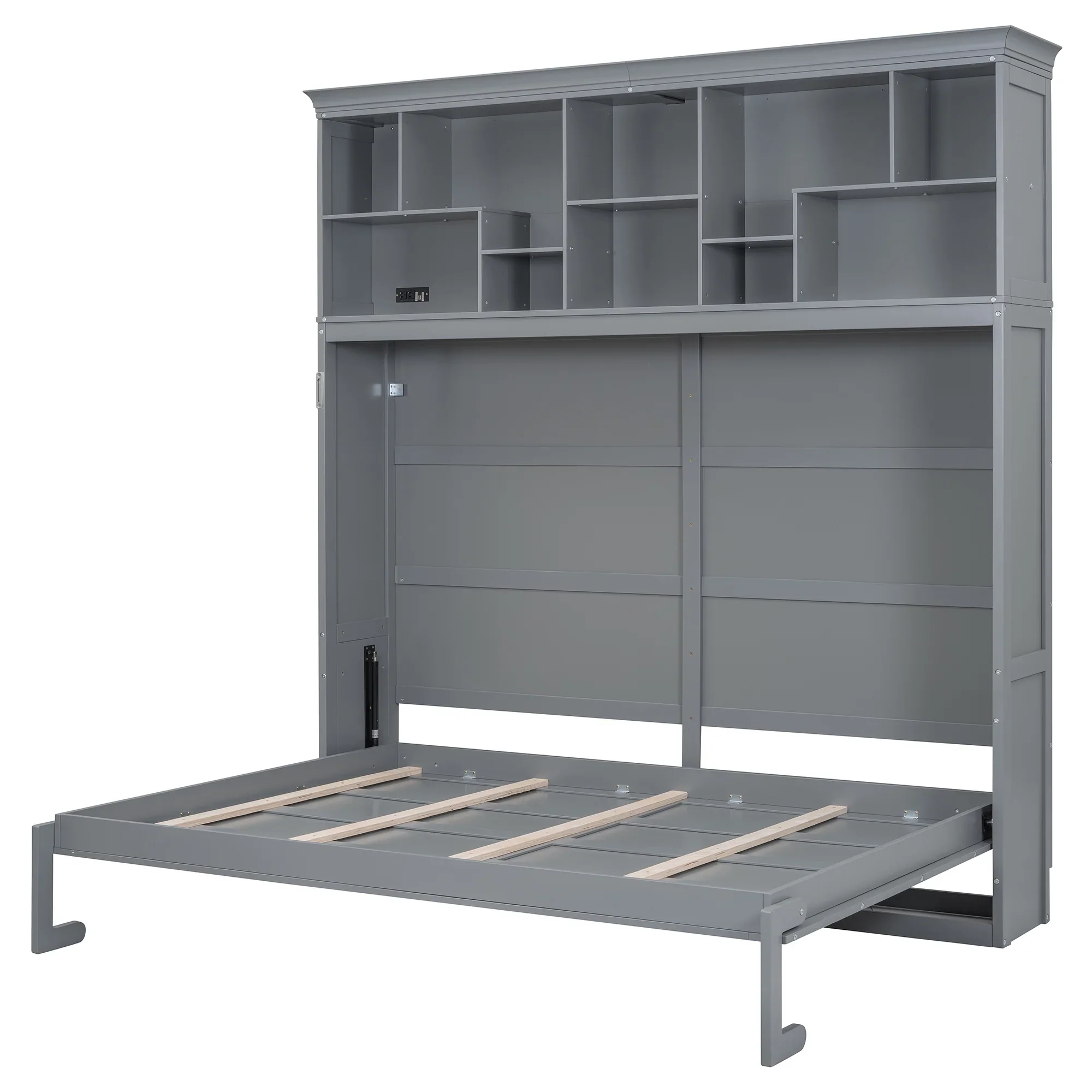 Queen Size Murphy Bed Wall Bed with Top Shelves & USB Charging, Space-Saving Cabinet Bed with Flexible Slats, Gray Modern Foldable Bed