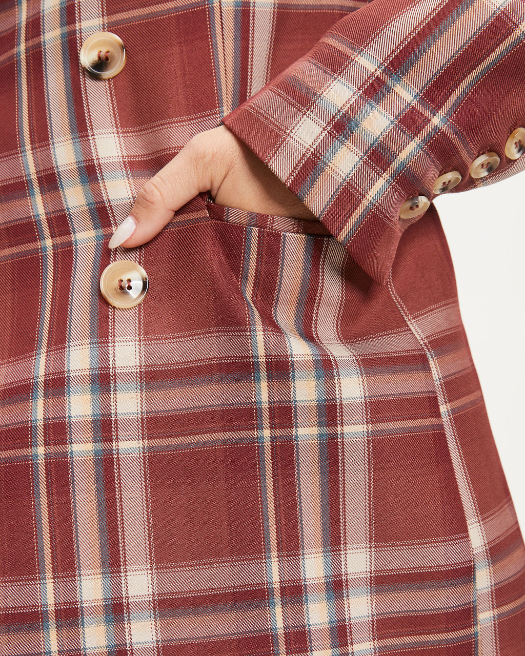 Nadia Pocketed Plaid Blazer - Burgundy - Se7enfashion