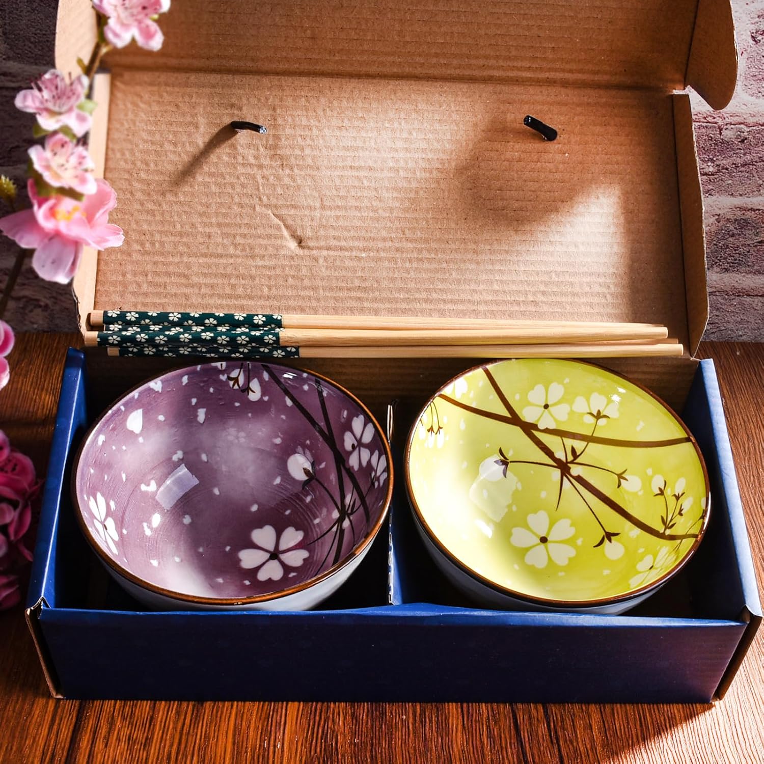 Japanese Cherry Blossom Ceramic Rice Bowl Set with Chopsticks Set of 2, Purple and Green