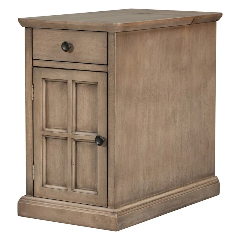 Retro-Inspired Living Room Side Table with USB Ports, Multifunctional Drawer, and Cup Holders