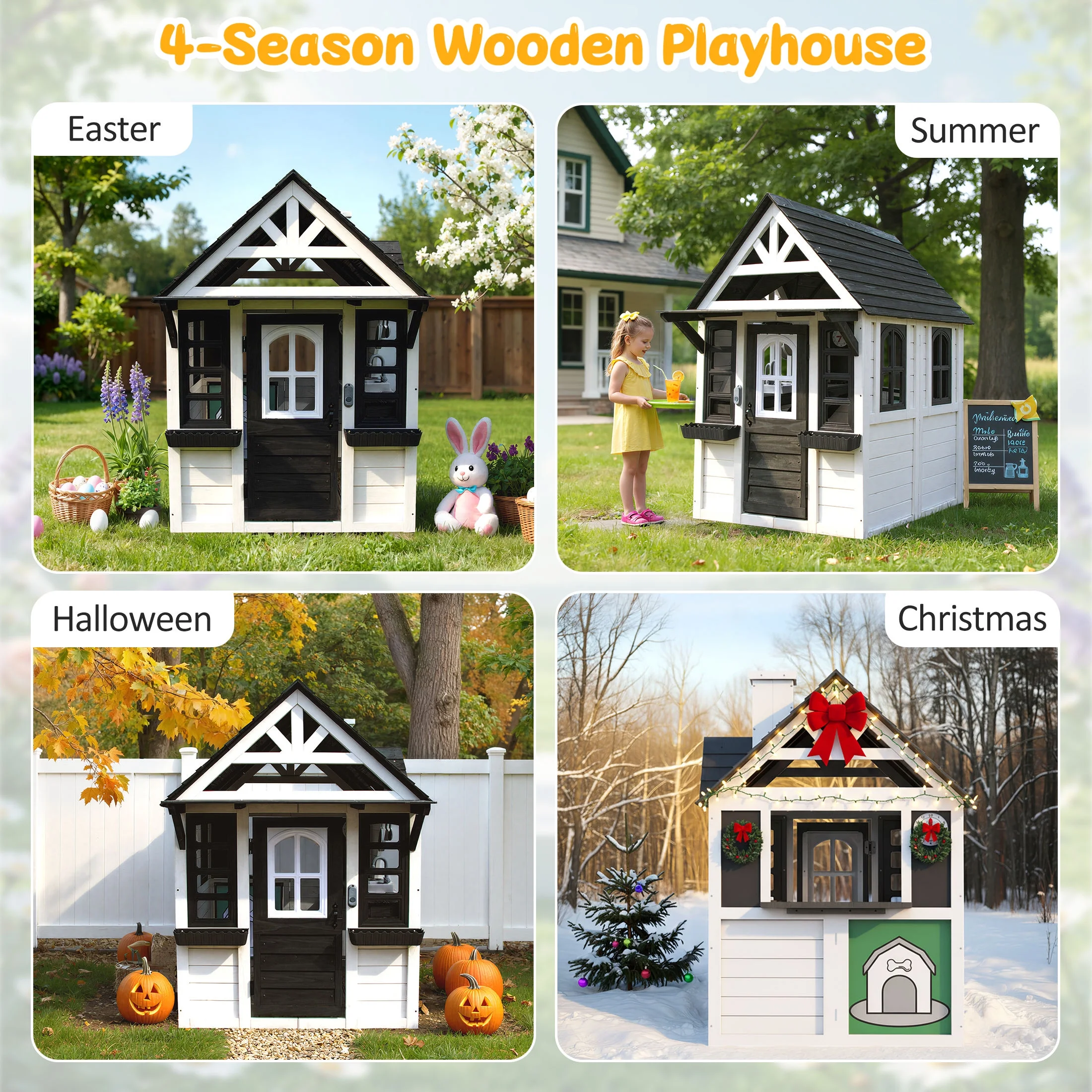 COCLUB Outdoor Playhouse for Kids Ages 4-8, Wooden Play House with Doorbell, Phone, Kitchen Toys, Outdoor Kids Play Equipment, Casa Para Ni?as (45-L x 65-H), White & Black - Image 10