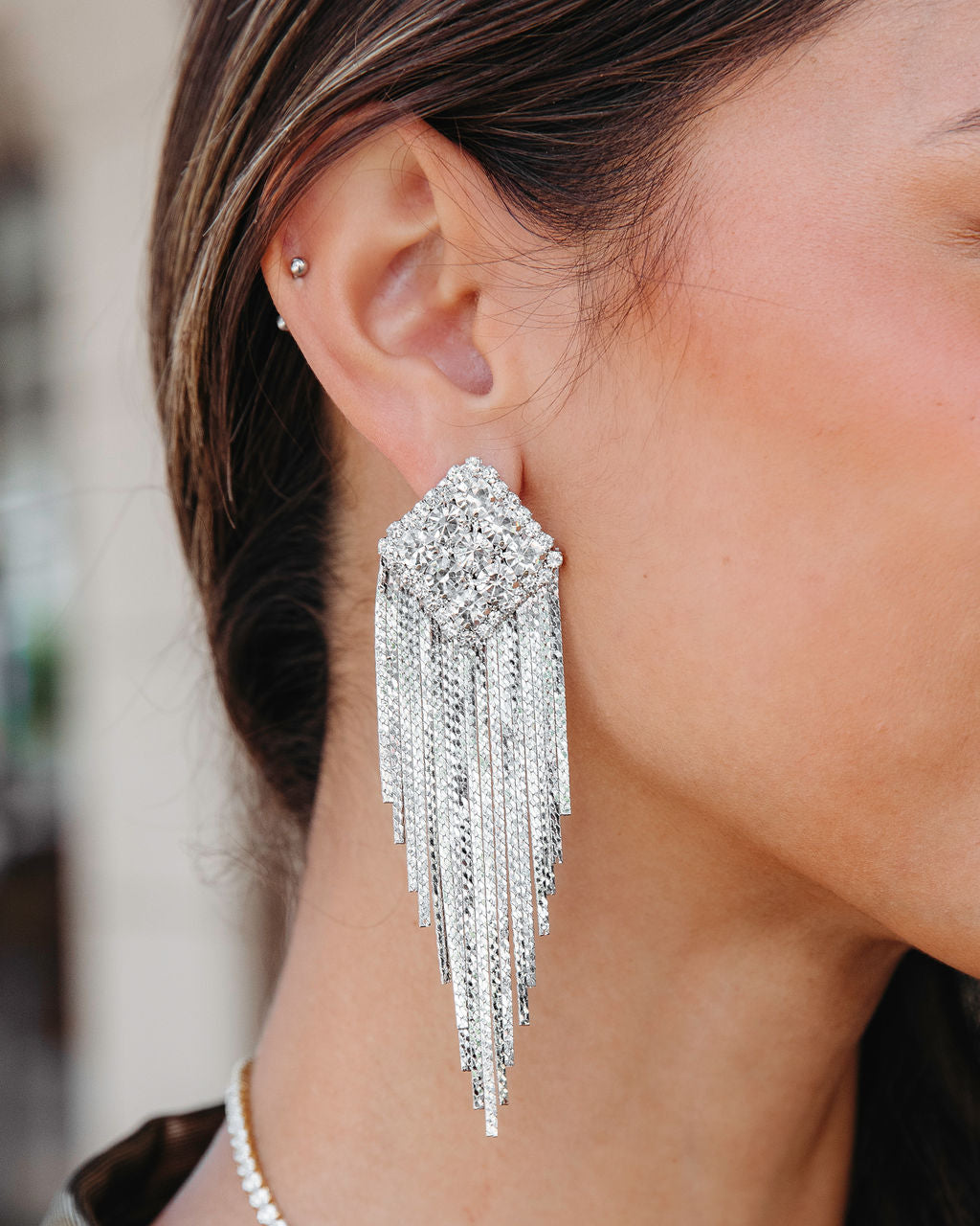 Diamond Fringe Drop Earrings - Silver - Se7enfashion