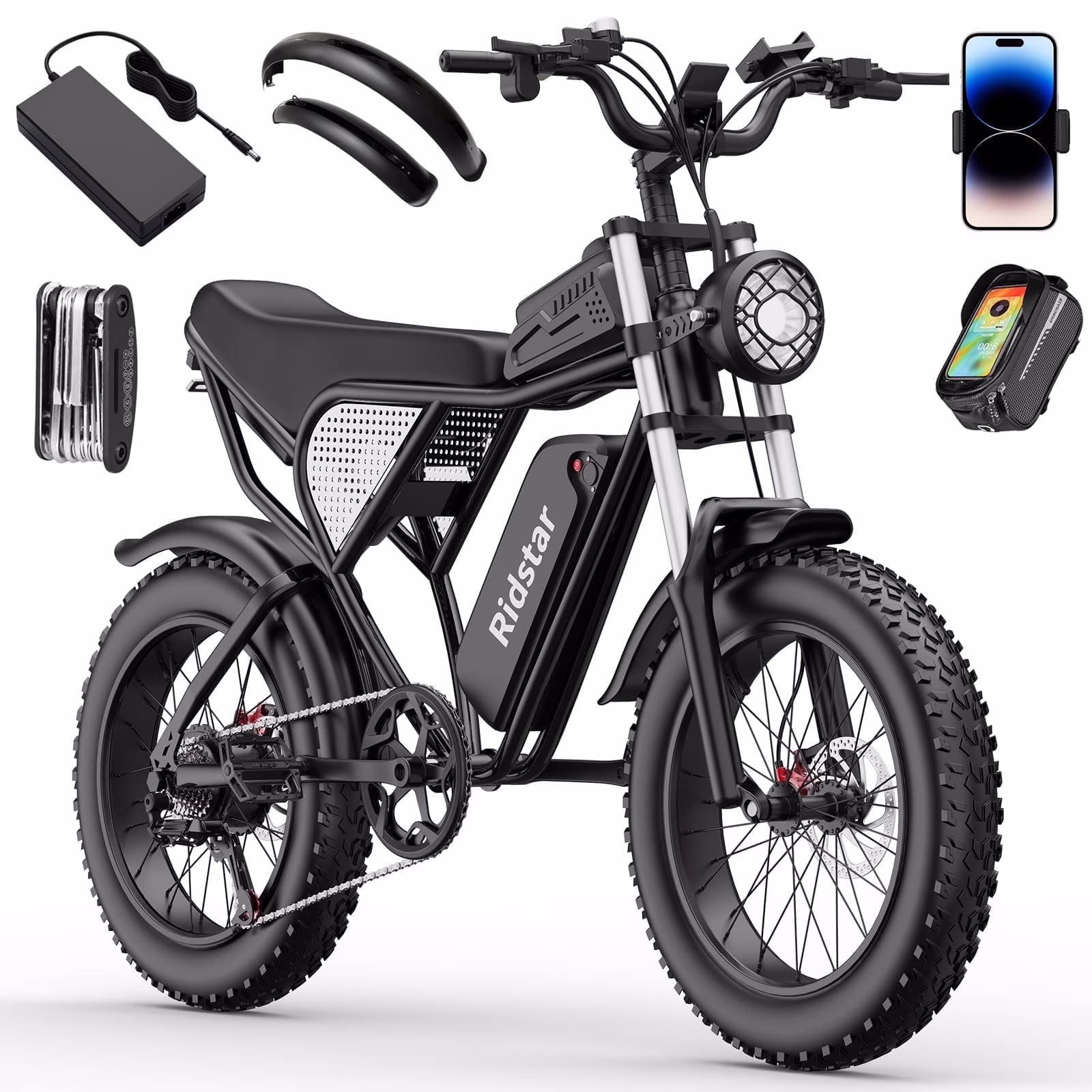 Ridstar 1500W Electric Bike for Adults, 33MPH 48V 20ah Electric Bicycle, 20" Fat Tire Full Suspension Mountain Bike UL2849(Q20-20inch-PEAK 1500W-48V 20AH)