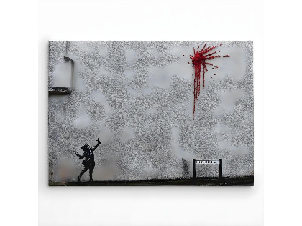 Impresión sobre Lienzo Banksy Niño con Tirachinas, Rojo, Gris, Negro, 100x3x70 cm, Lujodec
