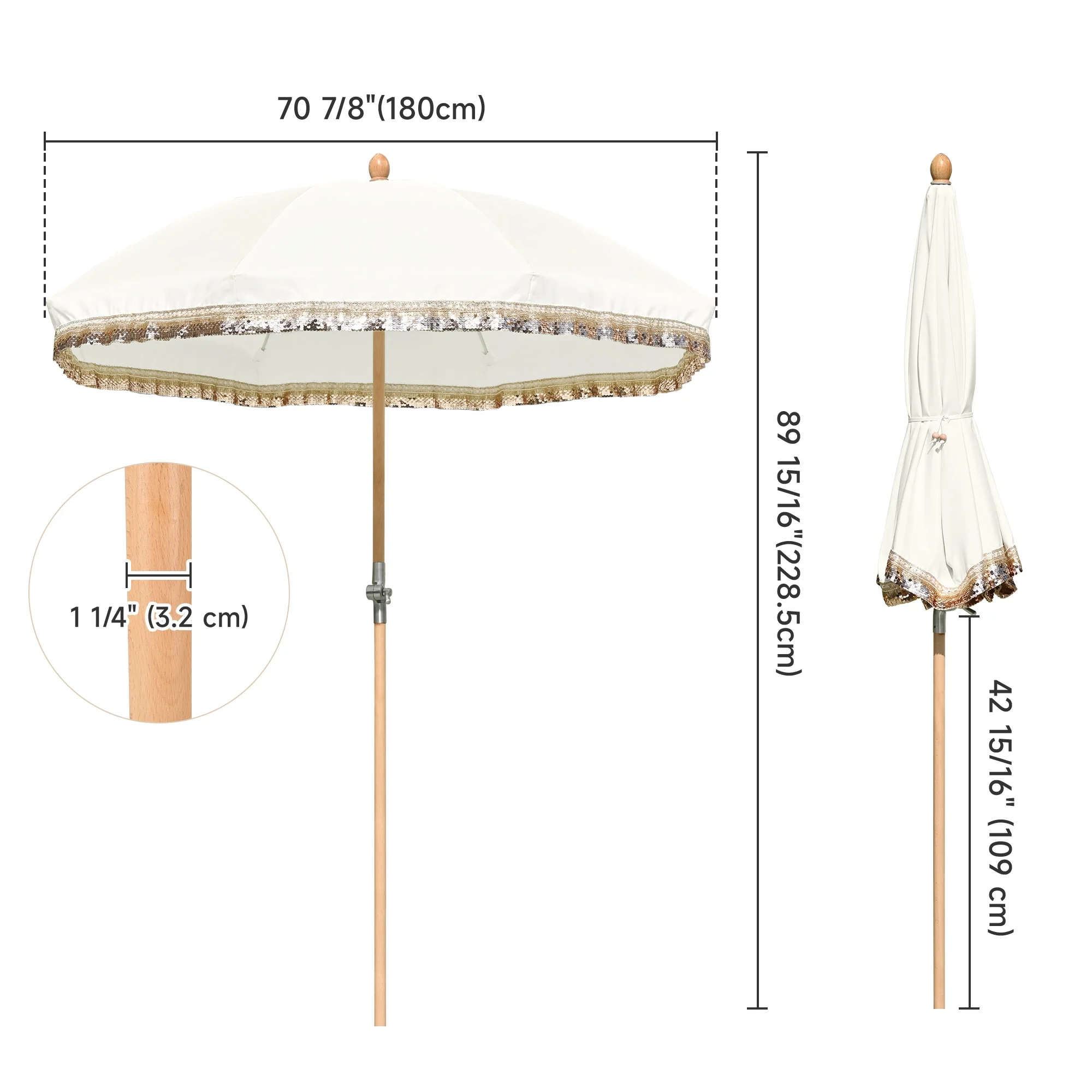 LAGarden 6 Ft Fringe Patio Umbrella with Tassel Jazz Age Wood UPF50+ for Outdoor, Beige with gold tassel,Model: JZ6-01 - Image 34